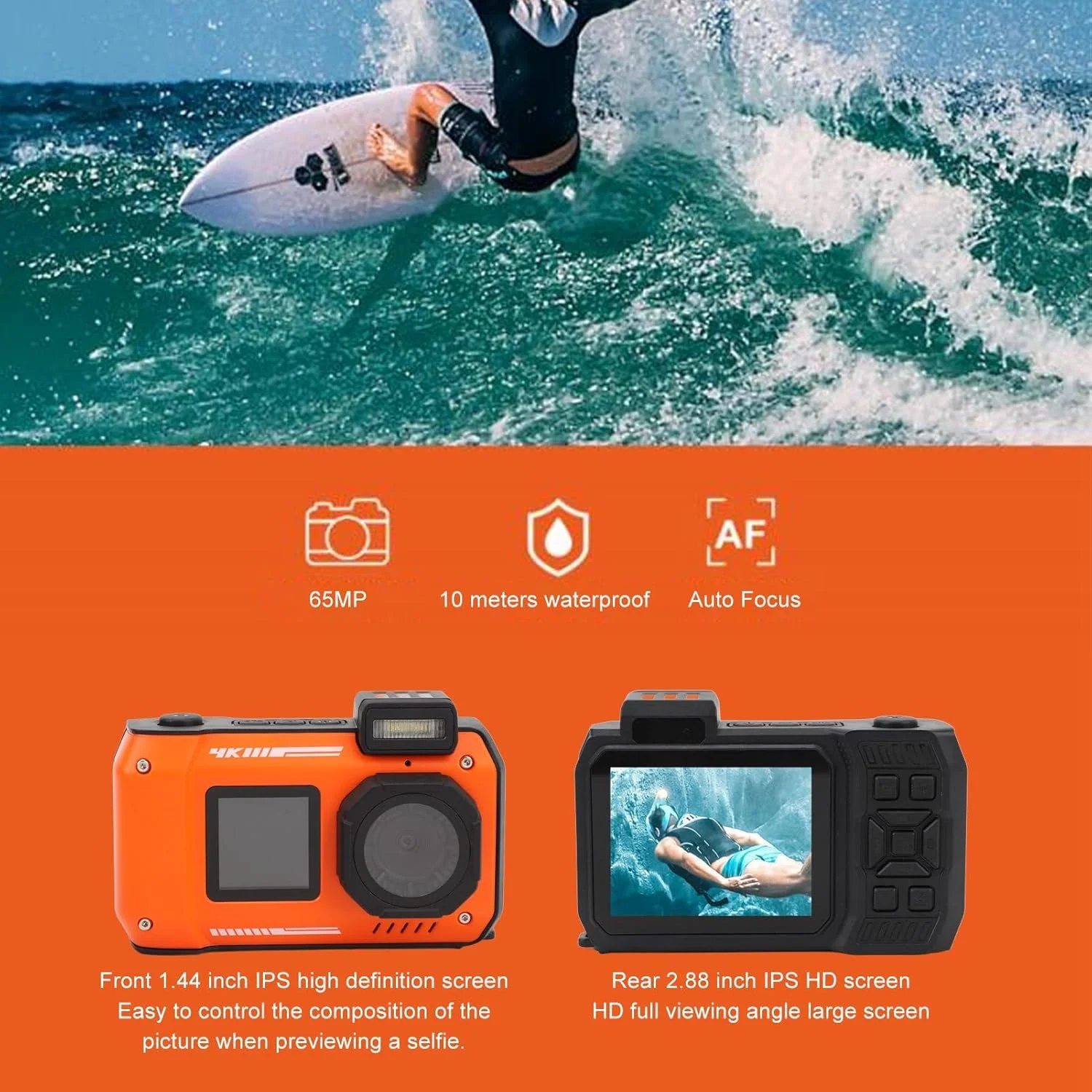 دوربین زیرآب 4K مدل Dpofirs، دوربین دیجیتال ضدآب تا عمق 10 متر، دوربین سلفی دو صفحه نمایش با فوکوس خودکار 65 مگاپیکسلی، ضد گرد و غبار و ضد ضربه، دوربین شناور، مناسب غواصی و ورزش (نارنجی)