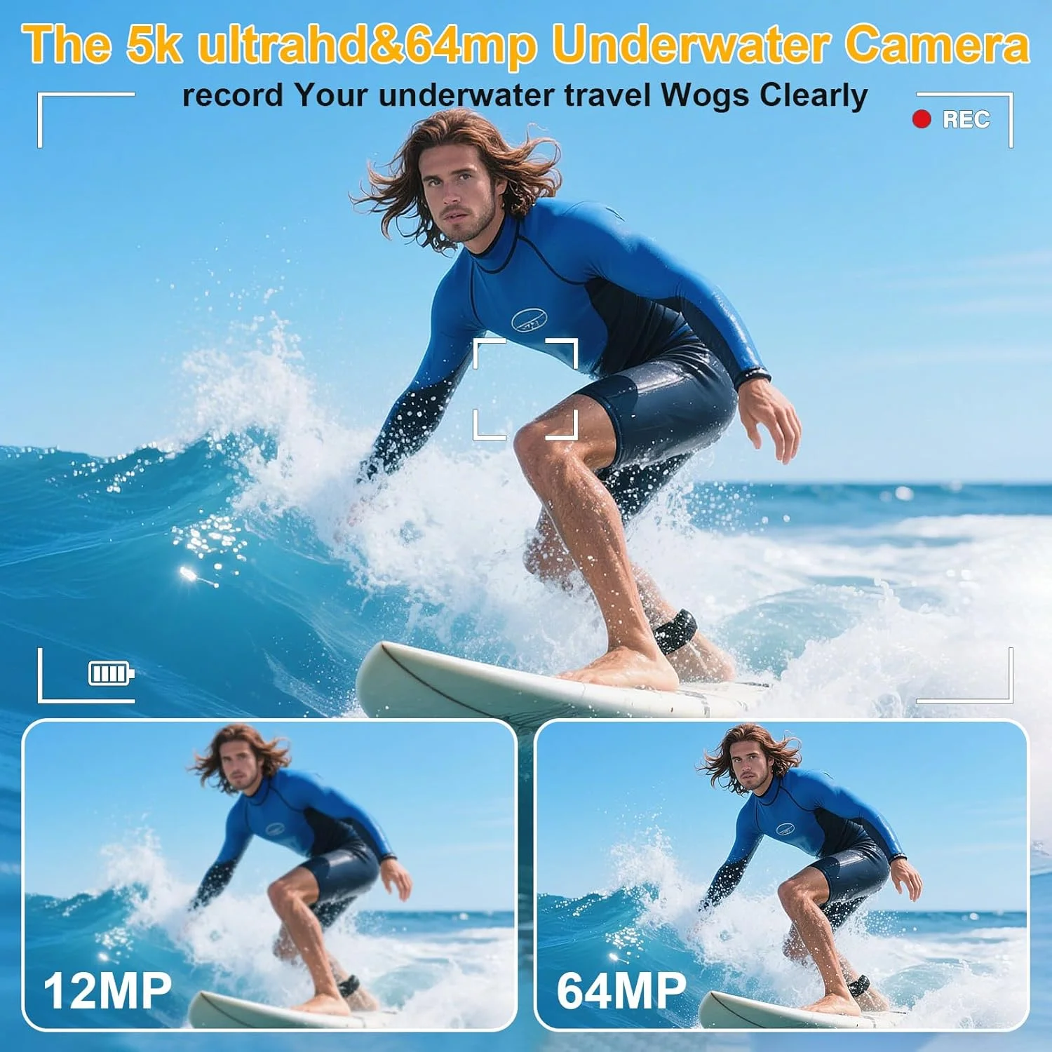 دوربین 5K ضد آب تا عمق 5 متر با کارت حافظه 32 گیگابایتی، دوربین سلفی دو صفحه‌نمایش با فوکوس خودکار 64 مگاپیکسلی برای غواصی، دوربین دیجیتال جمع و جور شناور ضد آب با باتری 1200 میلی آمپر Type-C (آبی)