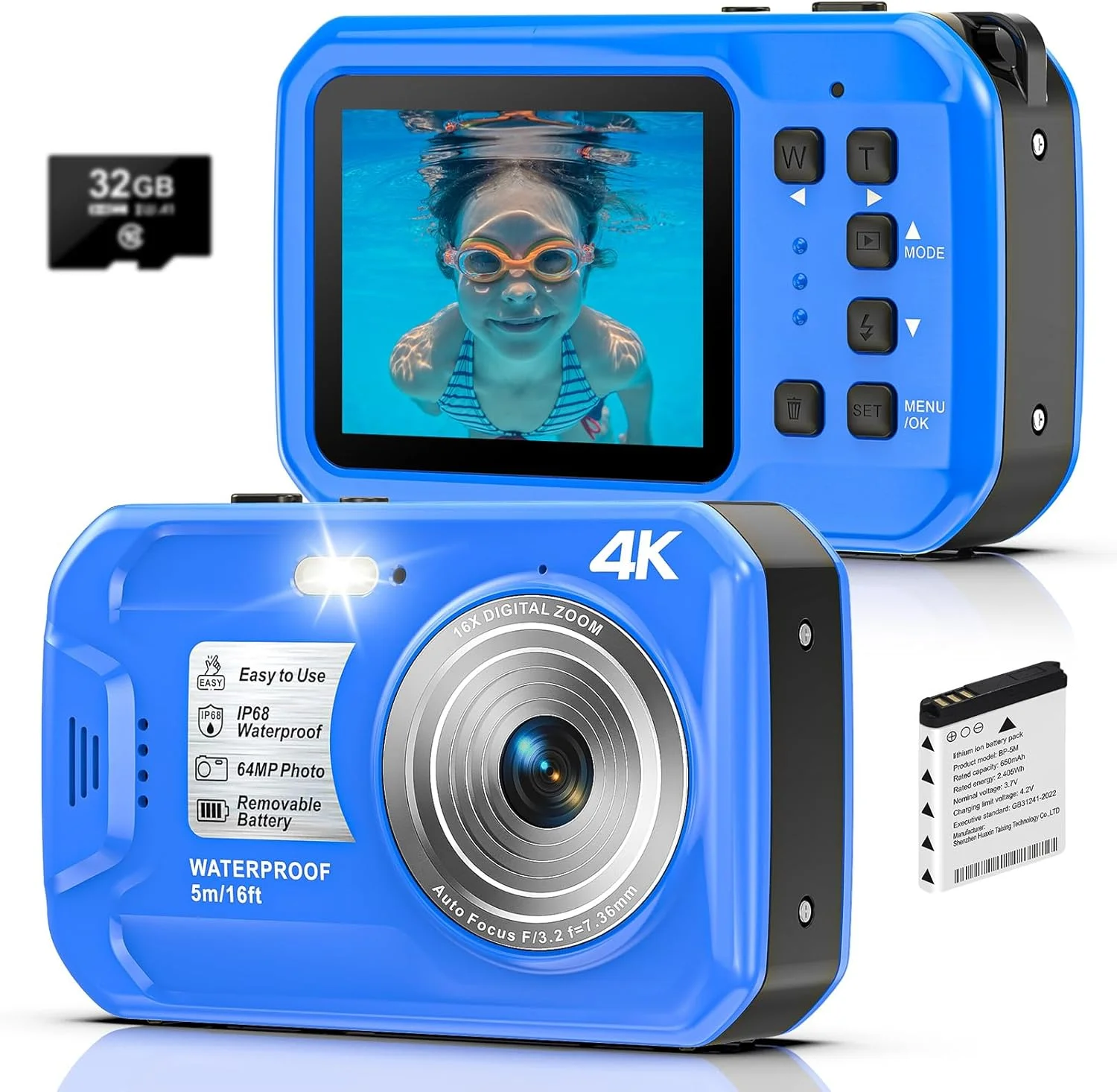 دوربین زیر آب 64 مگاپیکسلی 4K با صفحه نمایش IPS HD و زوم دیجیتال 16 برابر، ضد آب تا عمق 5 متر و شناور، فوکوس خودکار، شامل کارت 32 گیگابایتی