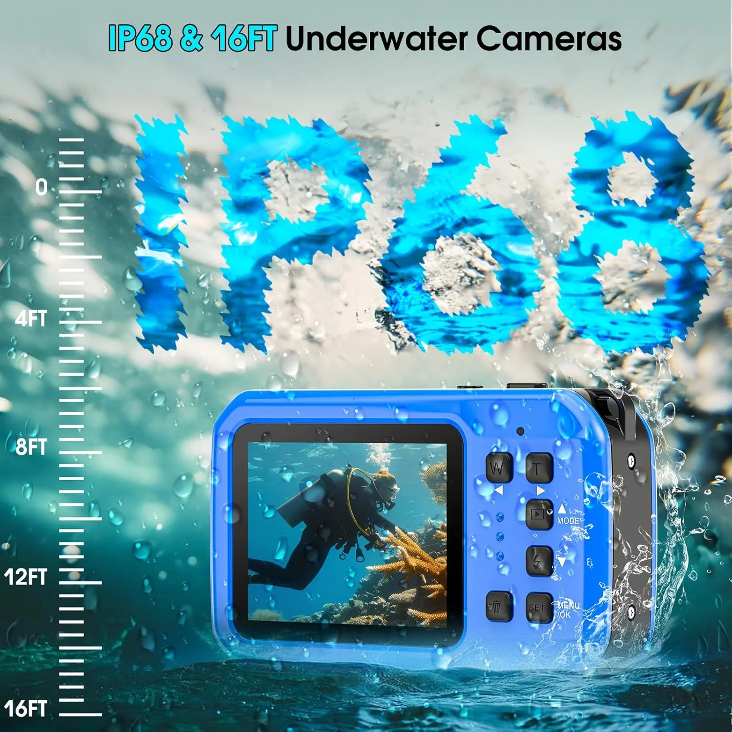 دوربین زیر آب 64 مگاپیکسلی 4K با صفحه نمایش IPS HD و زوم دیجیتال 16 برابر، ضد آب تا عمق 5 متر و شناور، فوکوس خودکار، شامل کارت 32 گیگابایتی