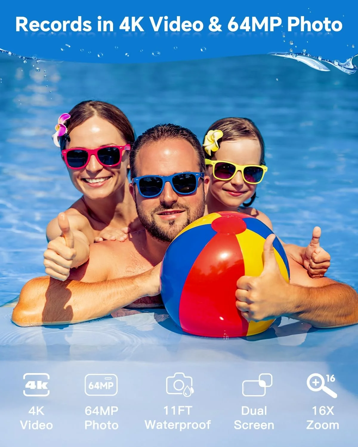 دوربین 4K زیر آب مناسب غواصی تا عمق 3.3 متر، دوربین 64 مگاپیکسل با فوکوس خودکار، دارای کارت حافظه 32 گیگابایتی، دو صفحه نمایش، قابلیت سلفی، زوم 16 برابر، دوربین دیجیتال فشرده شناور و ضد آب با 2 باتری (آبی)