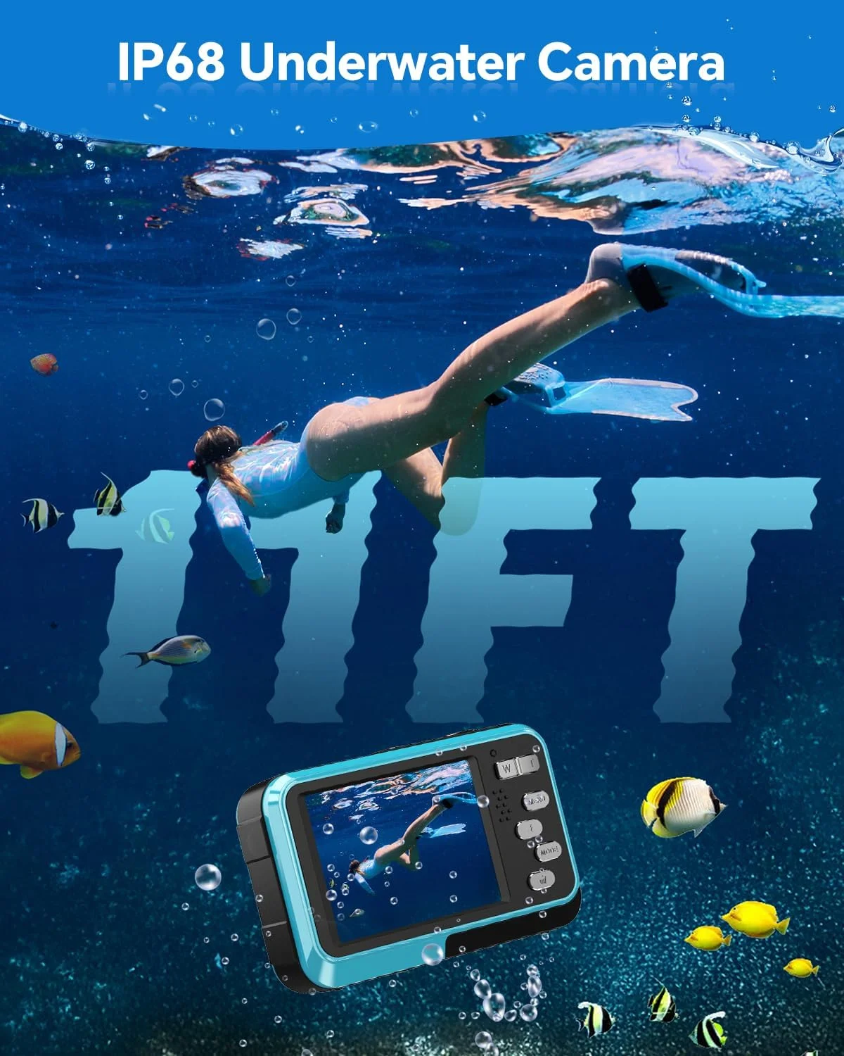 دوربین 4K زیر آب مناسب غواصی تا عمق 3.3 متر، دوربین 64 مگاپیکسل با فوکوس خودکار، دارای کارت حافظه 32 گیگابایتی، دو صفحه نمایش، قابلیت سلفی، زوم 16 برابر، دوربین دیجیتال فشرده شناور و ضد آب با 2 باتری (آبی)