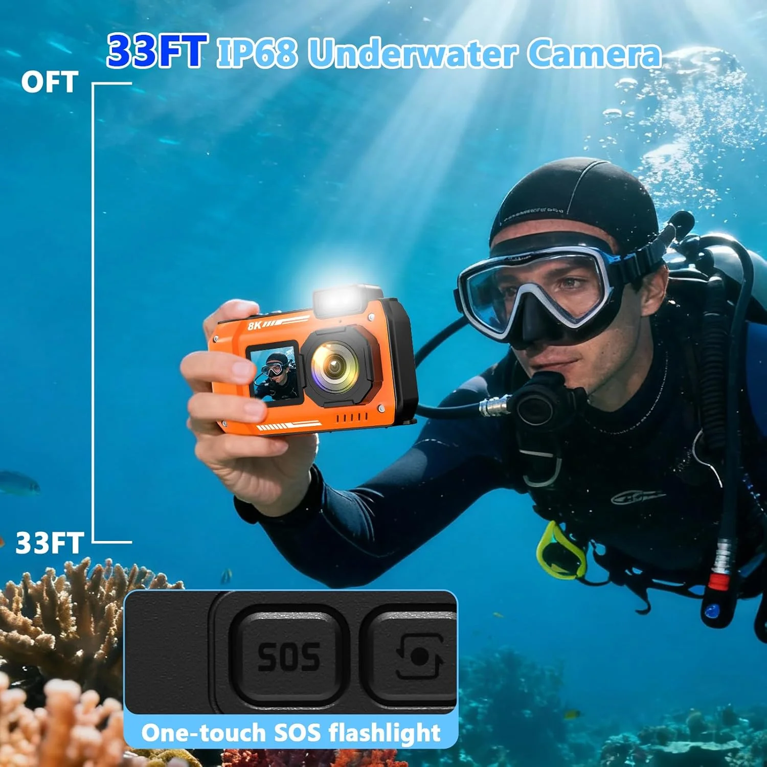 دوربین 8K ضد آب تا عمق 10 متر با کارت حافظه 64 گیگابایتی، 70 مگاپیکسل، زوم 18 برابر، فوکوس خودکار، صفحه نمایش دوگانه سلفی، باتری 2500 میلی آمپر، ضد گرد و غبار و ضد ضربه