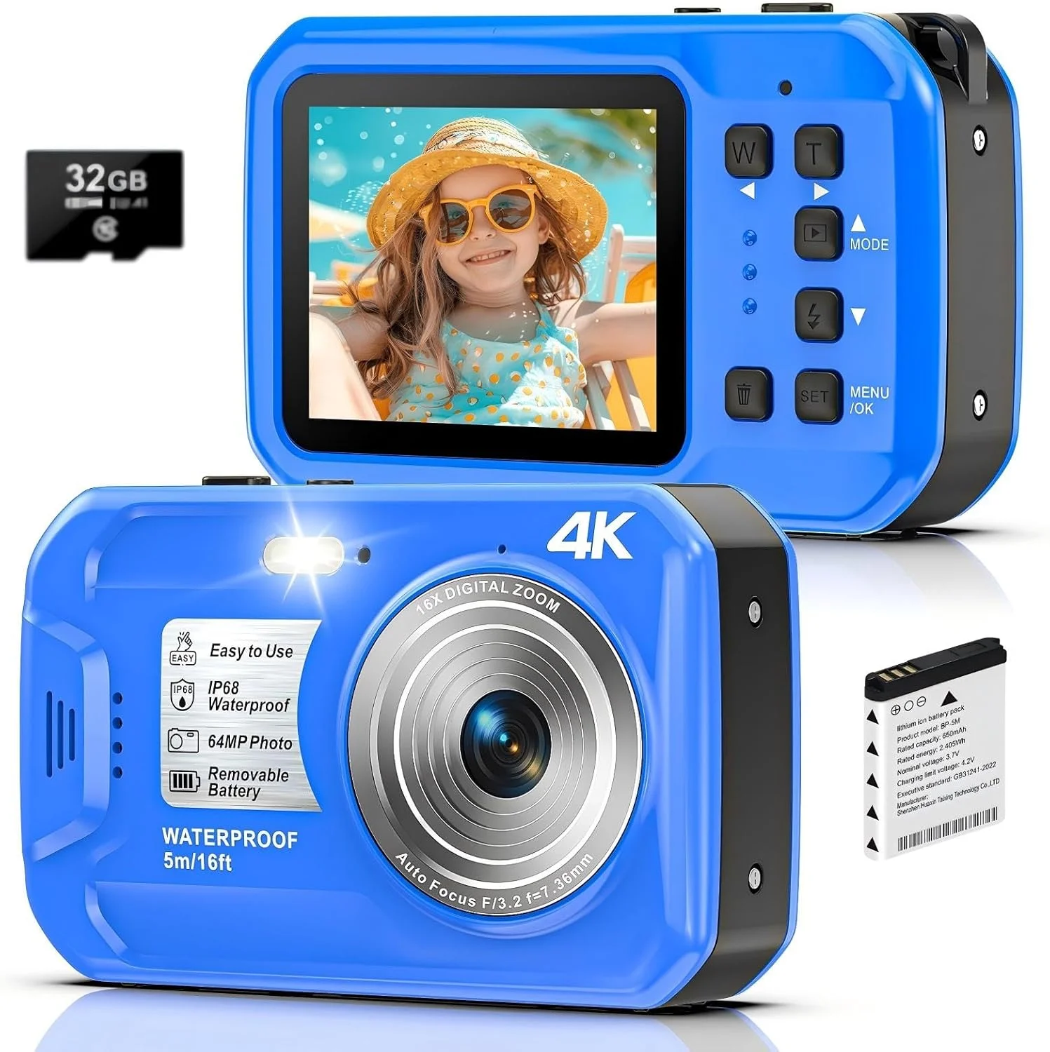 دوربین دیجیتال ضد آب 4K 64MP با طراحی شناور 5 متری، صفحه نمایش IPS HD، زوم دیجیتال 16X، فوکوس خودکار، نور پرکننده و کارت 32 گیگابایتی - ایده آل برای غواصی، موج سواری، شنا