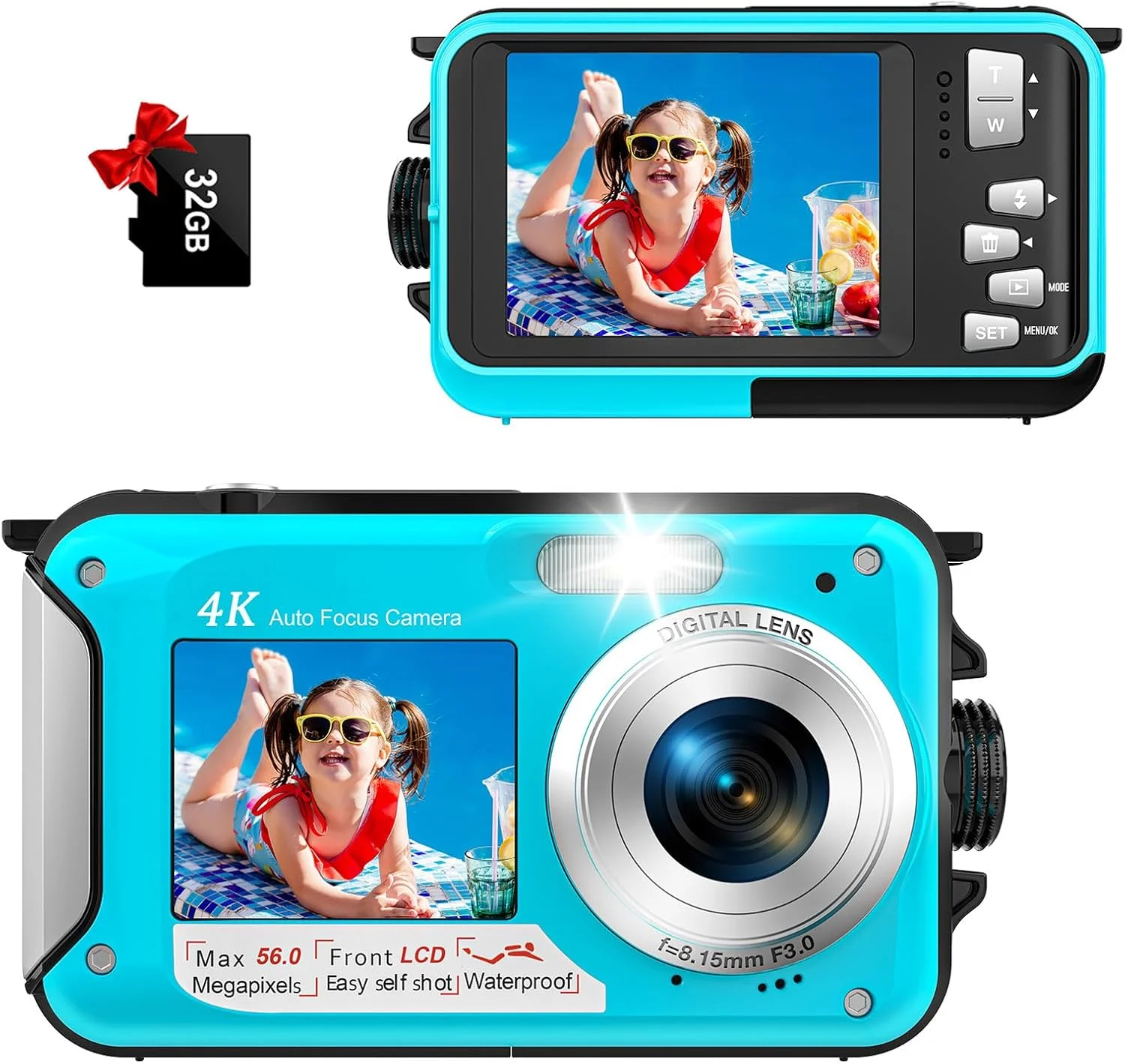 دوربین فیلمبرداری 4K 64MP زیرآب با فوکوس خودکار، باتری 1250mAh، کارت حافظه 32GB و ضدآب تا عمق 16 فوت با دو صفحه نمایش