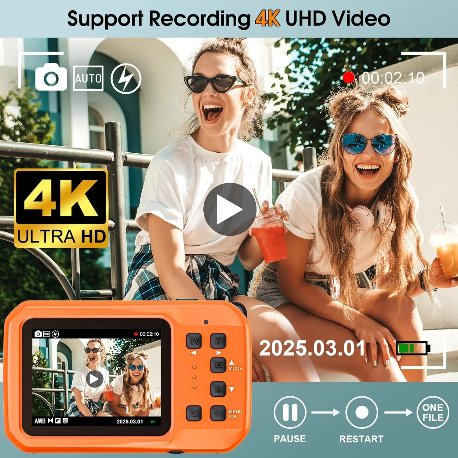 دوربین 4K زیر آب، دوربین دیجیتال 64 مگاپیکسلی ضد آب تا عمق 5 متر به همراه کارت 32 گیگابایتی، دوربین ضد آب شناور با فوکوس خودکار و صفحه نمایش IPS HD، زوم دیجیتال 16 برابر، نور پرکننده، مناسب برای غواصی، موج سواری، نارنجی