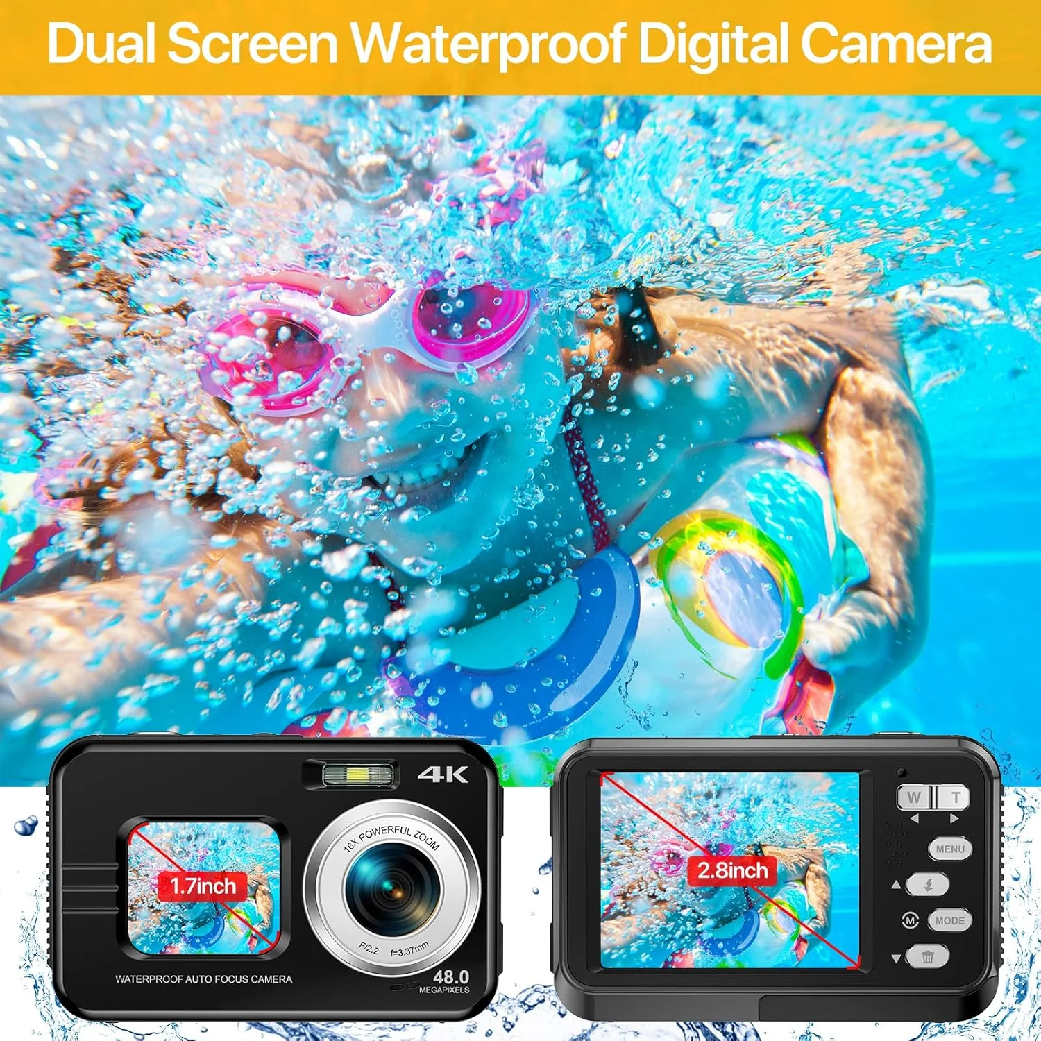 دوربین 4K زیر آب با کارت 64 گیگابایتی، دوربین ضد آب 3.3 متری با دو صفحه نمایش برای سلفی، دوربین دیجیتال ضد آب با زوم دیجیتال 16X و 2 باتری (مشکی)