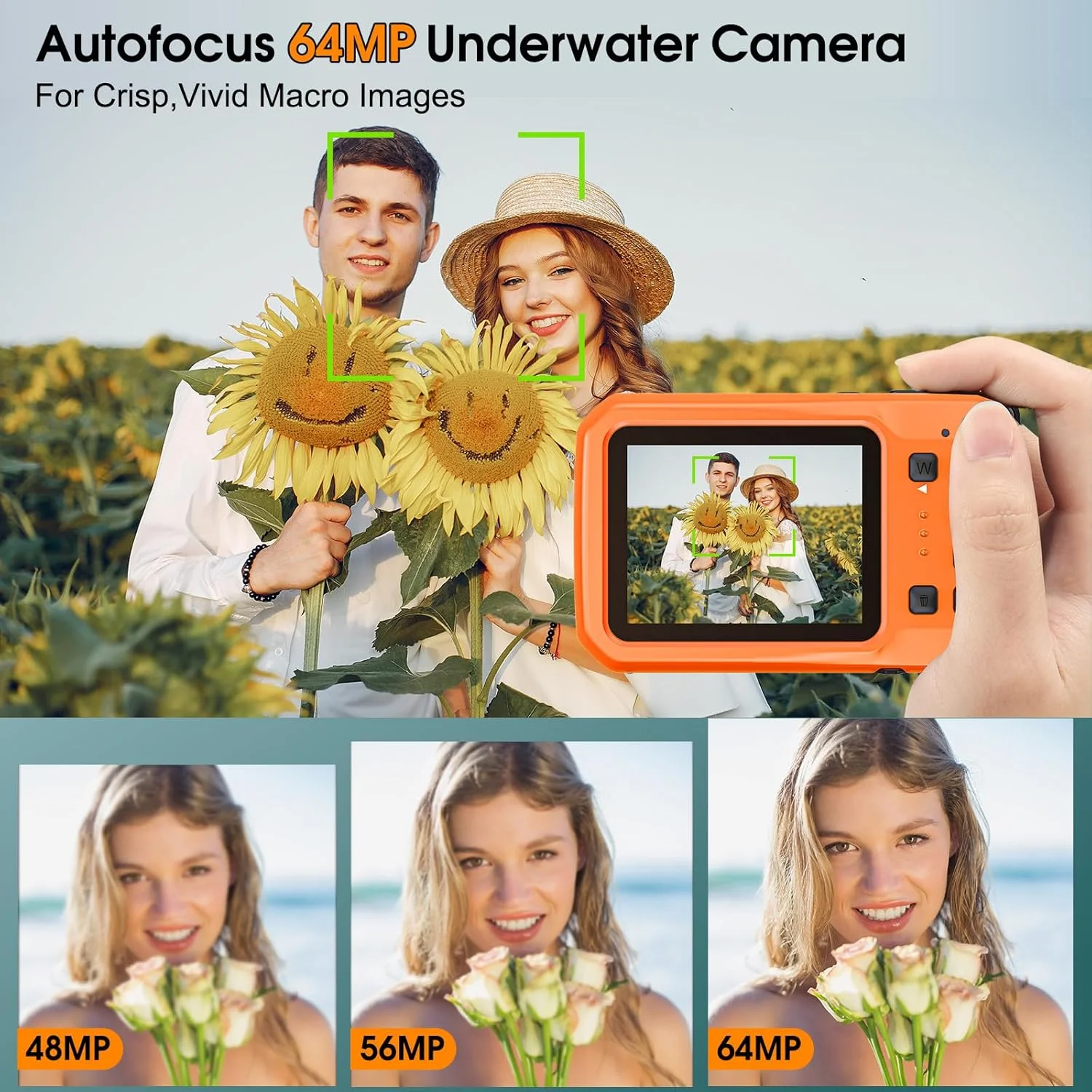 دوربین 4K زیر آب، دوربین دیجیتال 64 مگاپیکسلی ضد آب تا عمق 5 متر به همراه کارت 32 گیگابایتی، دوربین ضد آب شناور با فوکوس خودکار و صفحه نمایش IPS HD، زوم دیجیتال 16 برابر، نور پرکننده، مناسب برای غواصی، موج سواری، نارنجی