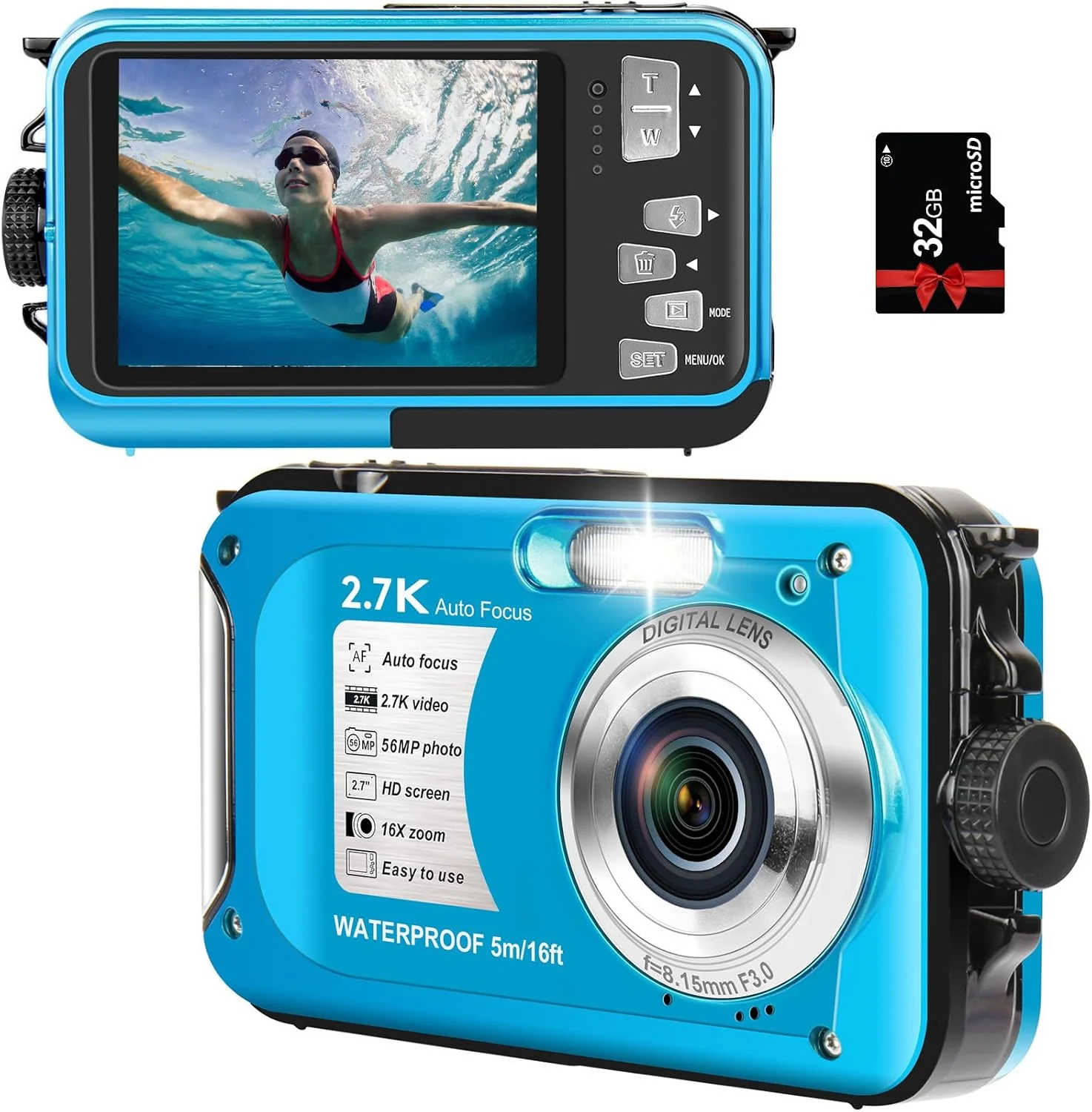 دوربین فیلمبرداری 4K زیر آب تا عمق 3.3 متر، فوکوس خودکار، 56 مگاپیکسل، دوربین دیجیتال ضد آب کوچک با زوم دیجیتال 16 برابر مناسب کودکان برای غواصی به همراه کارت حافظه 32 گیگابایتی