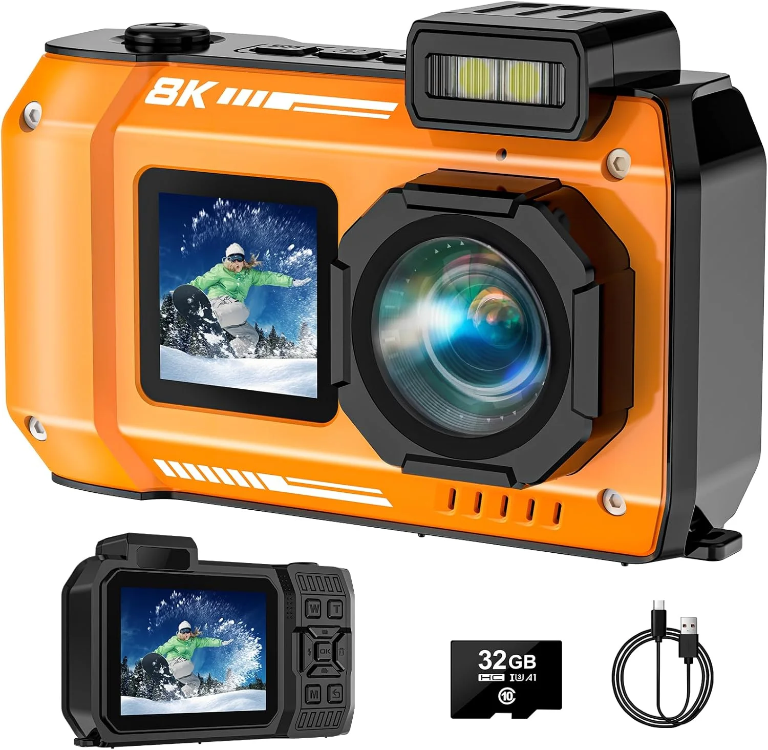 دوربین دیجیتال شناور 18X برای غواصی، دوربین زیر آب UHD 8K با 70 مگاپیکسل، دوربین دیجیتال ضد آب WiFi تا عمق 33 فوت، فوکوس خودکار ضد آب با دو صفحه نمایش سلفی، باتری 2500mAh و کارت حافظه 64 گیگابایتی