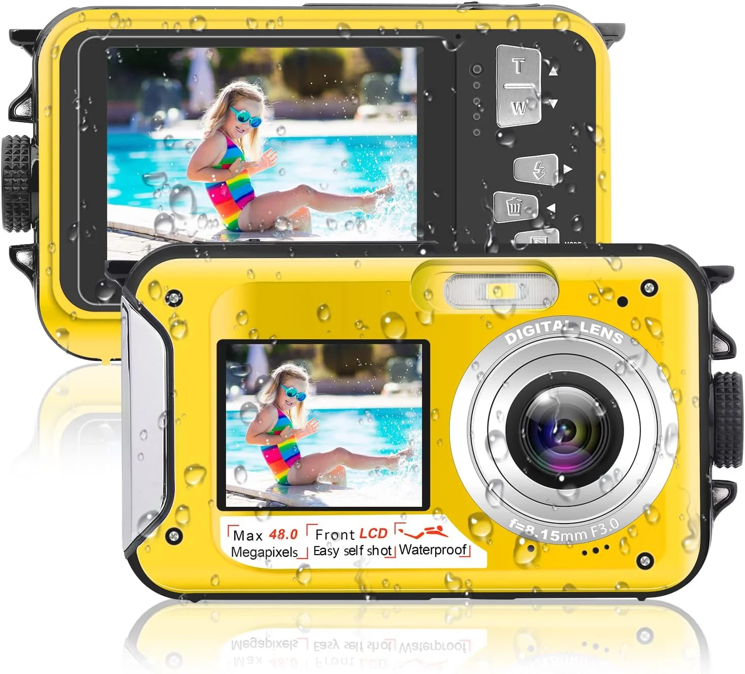 دوربین 4K زیر آب، دوربین ضد آب 3.3 متری با فوکوس خودکار، دوربین دیجیتال 48 مگاپیکسلی سلفی با دو صفحه نمایش، دوربین 16X زیر آب برای غواصی با کارت 32 گیگابایتی، زرد