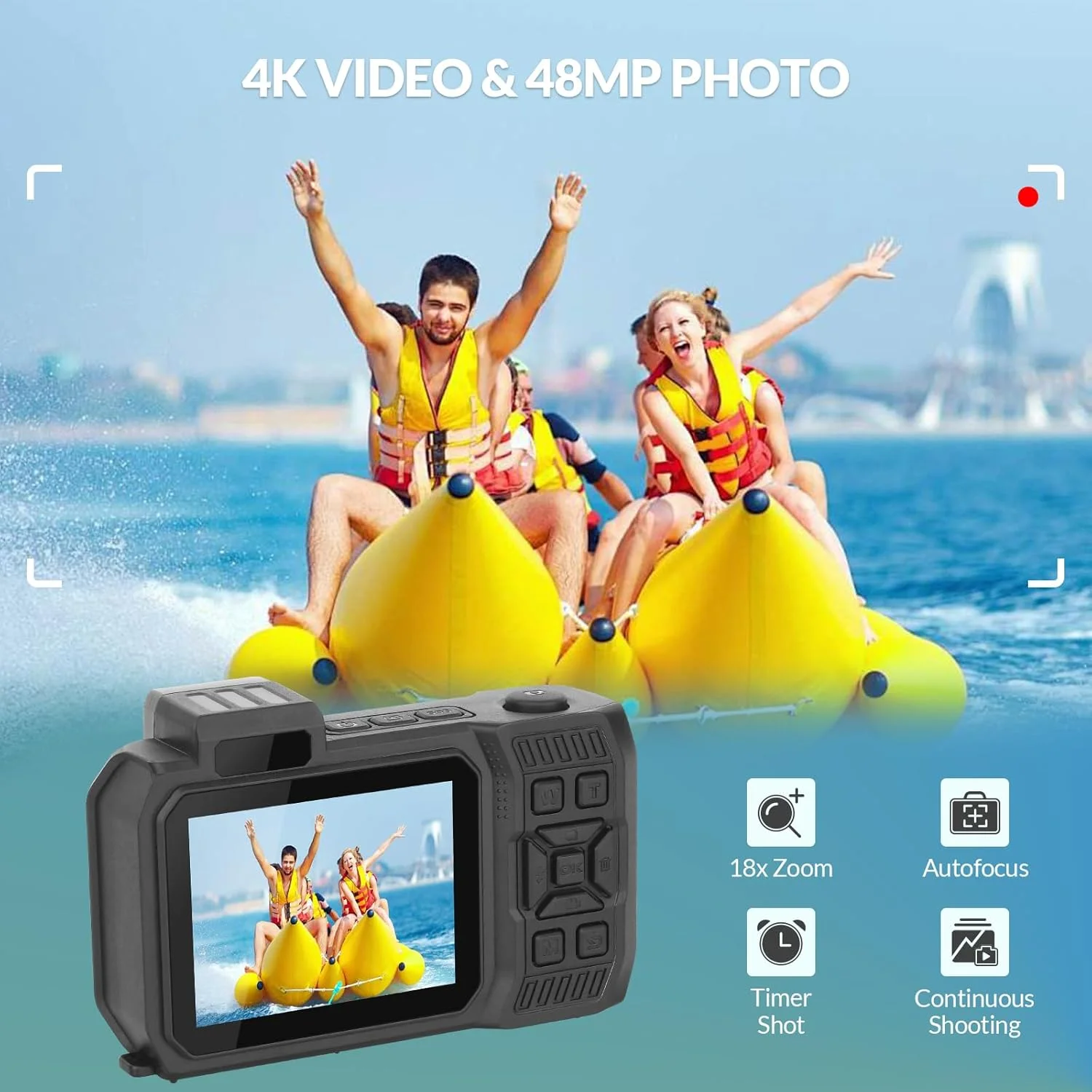 دوربین 4K ضد آب مناسب زیر آب تا عمق 10 متر با دو صفحه نمایش، دوربین دیجیتال سلفی با باتری داخلی 2500 میلی آمپر، دوربین دیجیتال ضد آب 48 مگاپیکسلی با فوکوس خودکار برای غواصی و عکاسان مبتدی، نارنجی