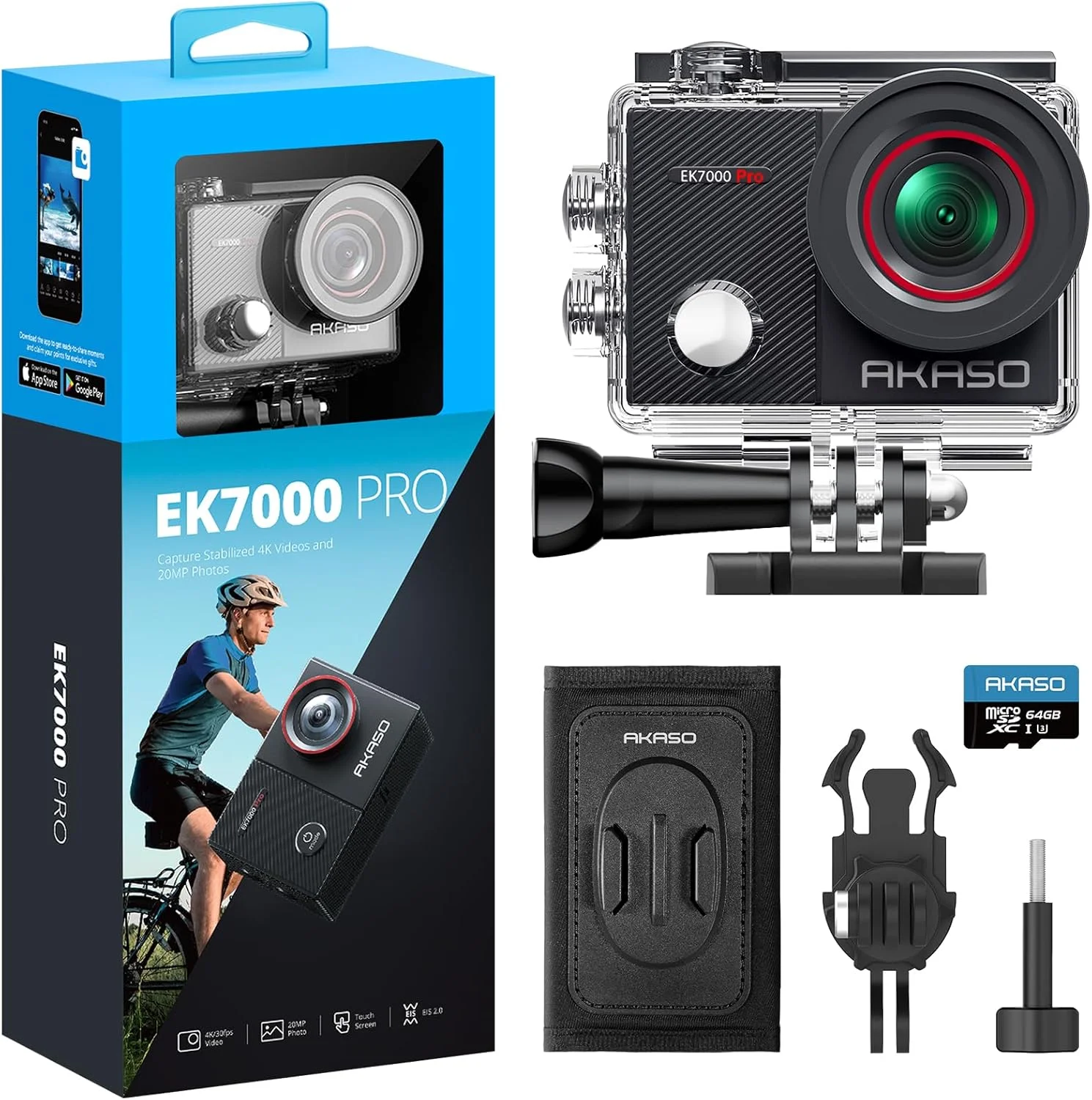 دوربین ورزشی AKASO EK7000 Pro به همراه کارت MicroSDXC U3 و کیت لوازم جانبی نصب بند شانه کوله پشتی با قابلیت جدا شدن سریع