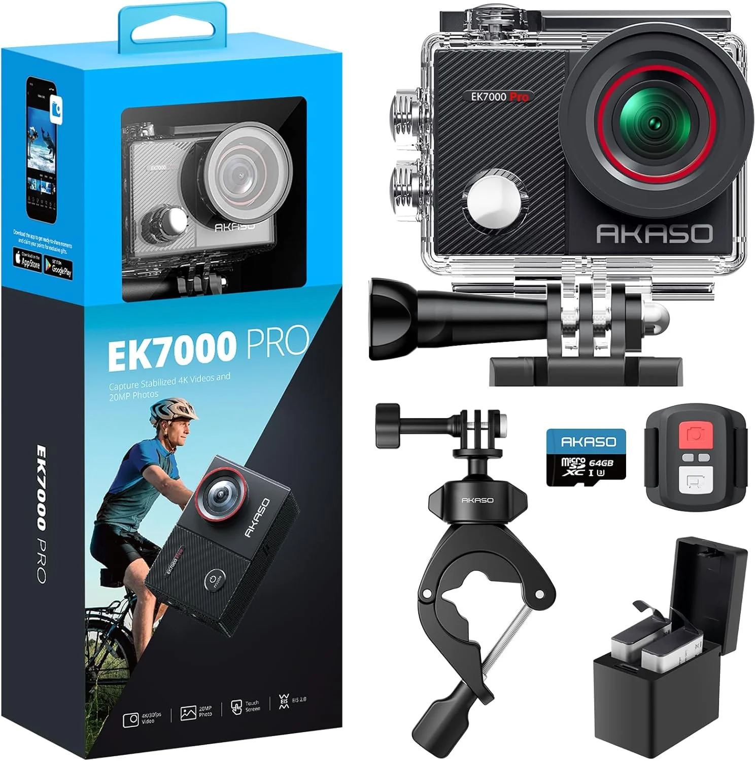 دوربین ورزشی AKASO EK7000 Pro به همراه کارت MicroSDXC U3 و کیت لوازم جانبی گیره فرمان