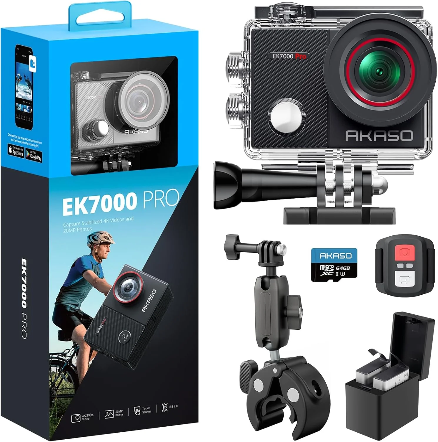 دوربین ورزشی AKASO EK7000 Pro به همراه کارت MicroSDXC U3 و کیت لوازم جانبی گیره فرمان جهانی