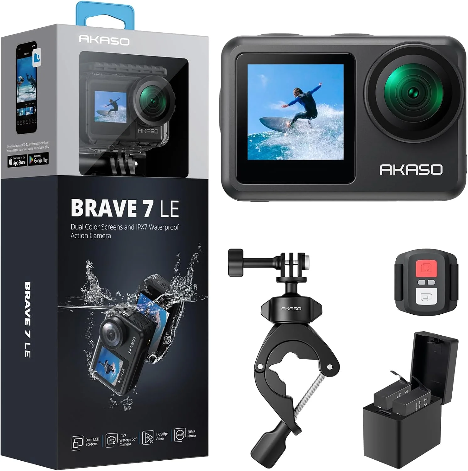 دوربین ورزشی AKASO Brave 7 LE به همراه کیت لوازم جانبی و بست گیره فرمان