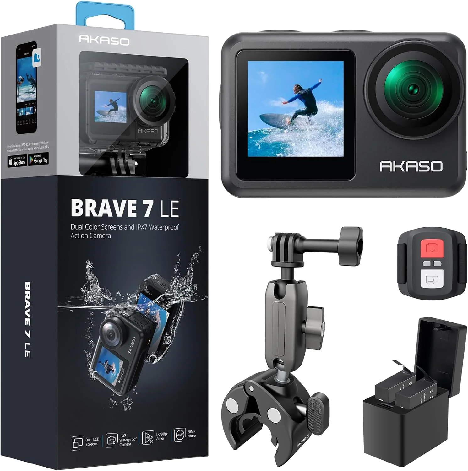 دوربین ورزشی AKASO Brave 7 LE به همراه کیت لوازم جانبی گیره فرمان جهانی