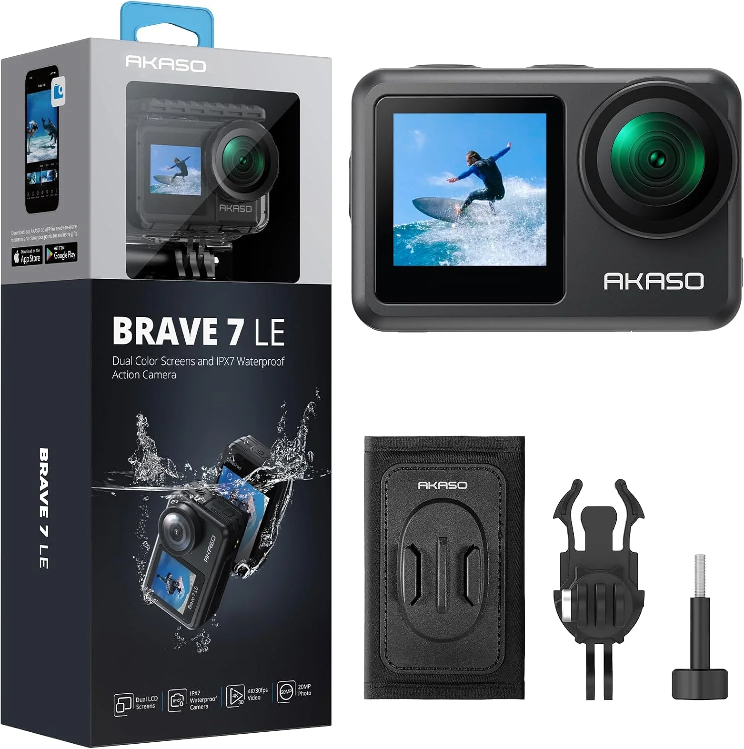 دوربین اکشن AKASO Brave 7 LE و کیت لوازم جانبی اتصال بند شانه کوله پشتی با قابلیت رهاسازی سریع