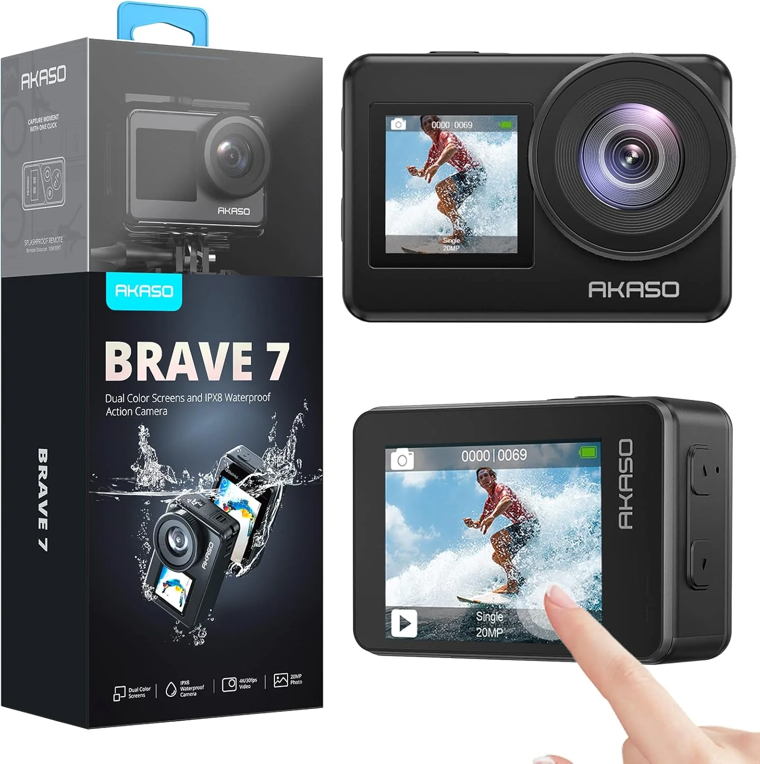 دوربین اکشن AKASO Brave 7 با کیفیت 4K30FPS و عکس 20 مگاپیکسل، WiFi، صفحه لمسی، ضد آب IPX8 تا عمق 10 متر، EIS 2.0، پشتیبانی از زوم، میکروفون خارجی، کنترل صوتی با 2 عدد باتری 1350mAh، دوربین ولاگ