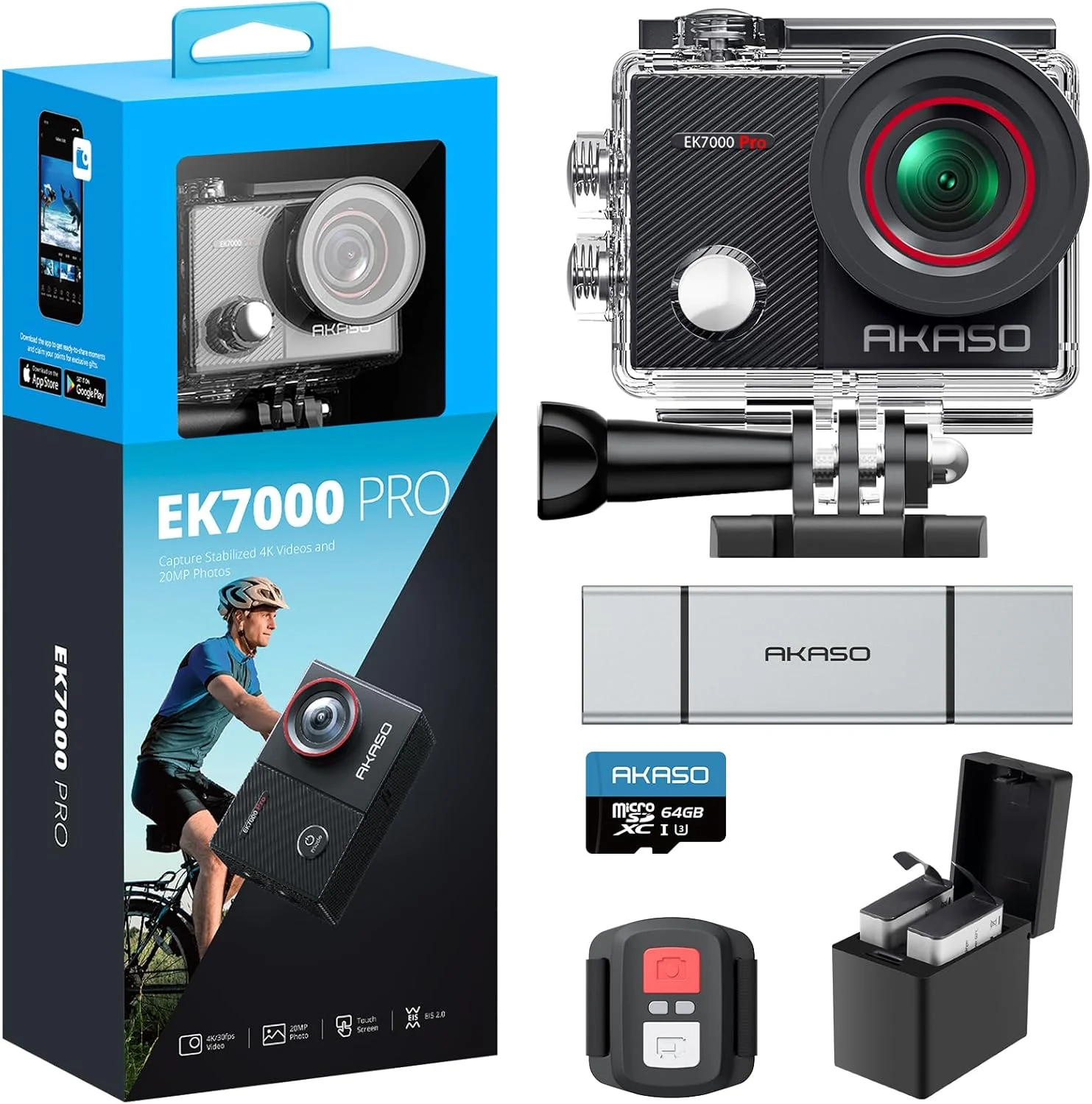 دوربین ورزشی AKASO EK7000 Pro به همراه کارت MicroSDXC U3 و کیت لوازم جانبی کارت خوان SD سه در یک