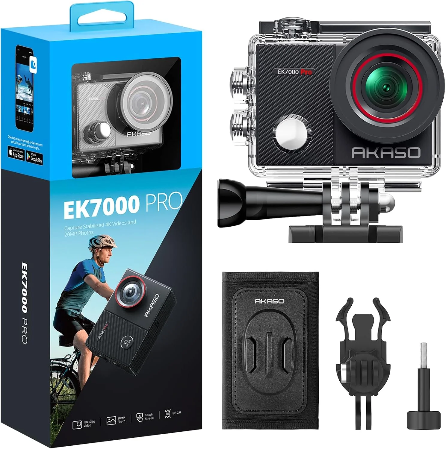 دوربین ورزشی AKASO EK7000 Pro به همراه کیت لوازم جانبی نصب بند کوله پشتی با قابلیت جدا شدن سریع