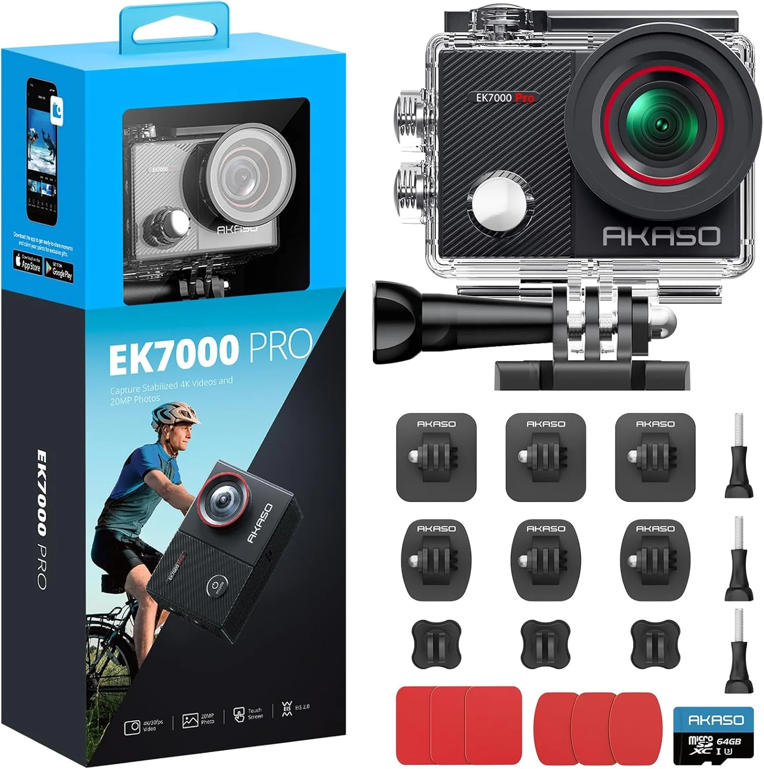 دوربین ورزشی AKASO EK7000 Pro به همراه کارت حافظه MicroSDXC U3 و کیت نصب چسبی