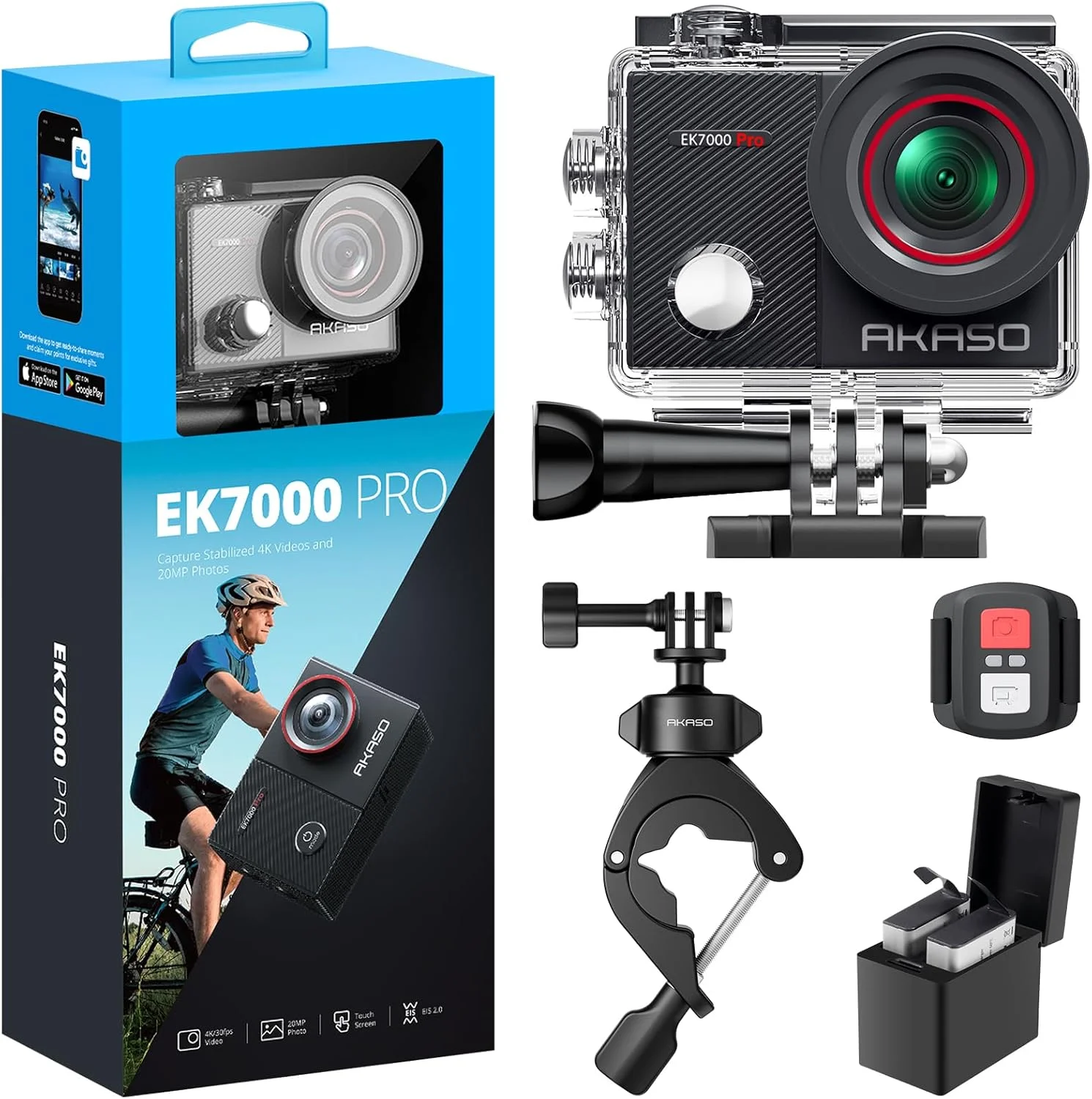 دوربین ورزشی AKASO EK7000 Pro به همراه کیت لوازم جانبی و بست اتصال به فرمان
