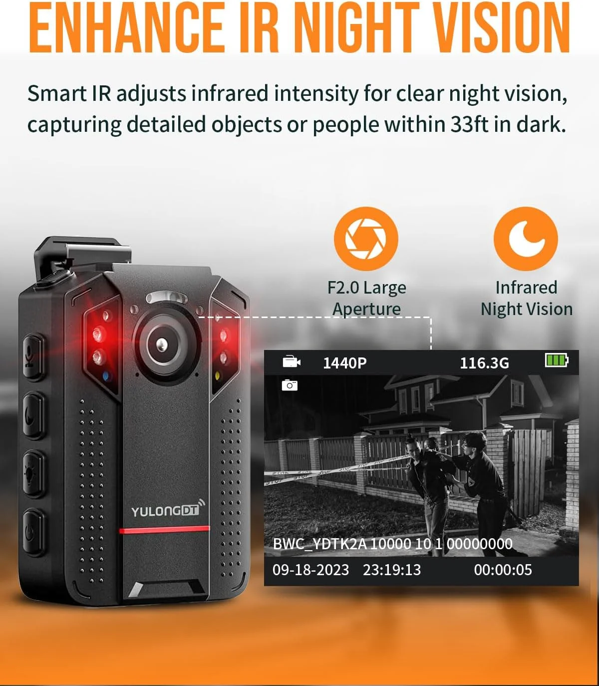 دوربین بدنه 128 گیگابایتی QHD 1440P با ضبط صدا و تصویر، دوربین بدنه چند منظوره با دید در شب، ضبط چرخه‌ای، باتری 3300 میلی آمپری، ضد آب برای پلیس، تحویل و ضبط شخصی