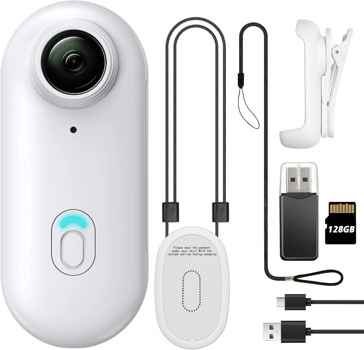 دوربین کوچک بدنه 128 گیگابایتی FHD 1080P، دوربین اکشن پوشیدنی، دوربین ضبط صدا با اندازه انگشت شست، دوربین قابل حمل ممتاز با قابلیت نصب در هر مکان برای پیاده روی حیوانات خانگی، کار، سفر (سفید)