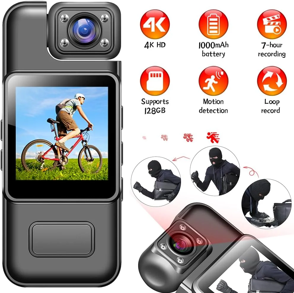 دوربین بدنه 4K پوشیدنی با لنز چرخان 180 درجه، ضبط کننده ویدئویی قابل حمل برای ماجراجویی در فضای باز و وبلاگ نویسی دوربین بدنه 4K پوشیدنی با لنز چرخان 180 درجه، ضبط کننده ویدئویی قابل حمل برای ماجراجویی در فضای باز و وبلاگ نویسی