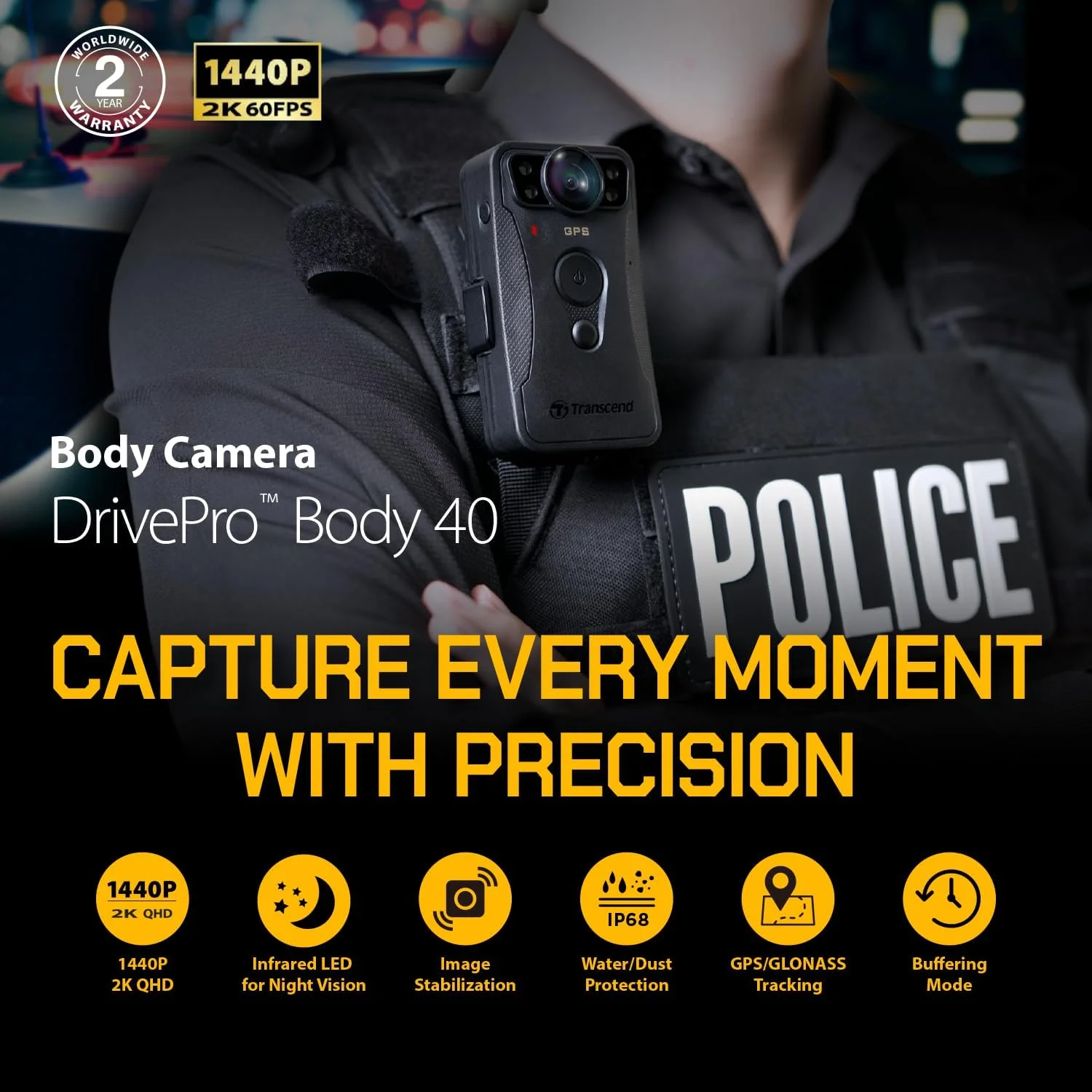 دوربین بدنه Transcend TS128GDPB40A DrivePro Body Camera 40 با حافظه 128 گیگابایت، کیفیت 2K QHD 1440P با سرعت 60 فریم بر ثانیه، استاندارد IP68، Wi-Fi، GPS، لرزشگیر الکترونیکی تصویر و عمر باتری 11 ساعته دوربین بدنه Transcend TS128GDPB40A DrivePro Body Camera 40 با حافظه 128 گیگابایت، کیفیت 2K QHD 1440P با سرعت 60 فریم بر ثانیه، استاندارد IP68، Wi-Fi، GPS، لرزشگیر الکترونیکی تصویر و عمر باتری 11 ساعته