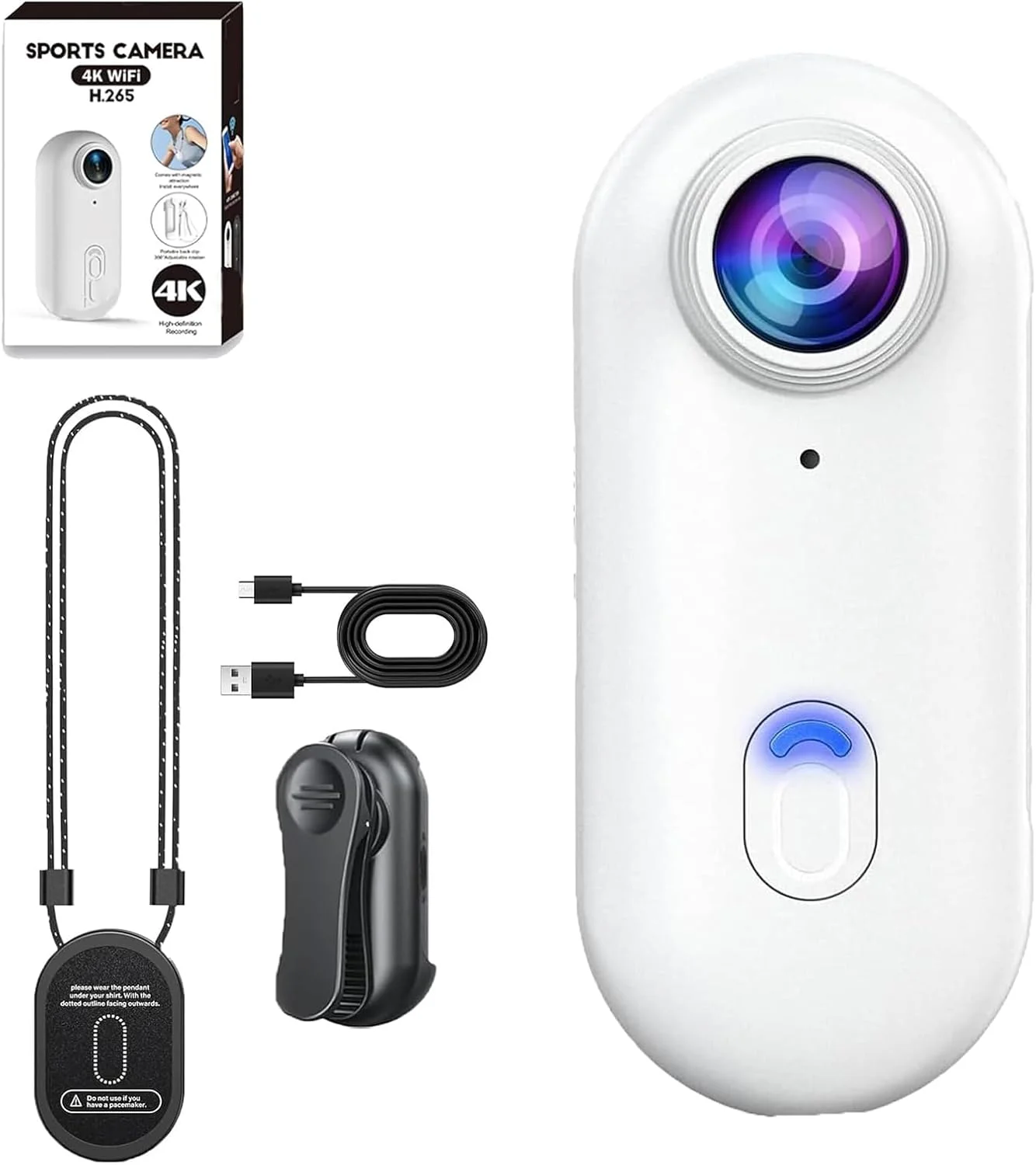 دوربین بدنه، دوربین کوچک 4K بدون دست Stallionframes، دوربین انگشتی با قاب ضد آب، ضبط ویدیویی پوشیدنی برای دوچرخه سواری، پیاده روی با حیوانات خانگی و فعالیت های خارج از منزل (سفید-ساده)