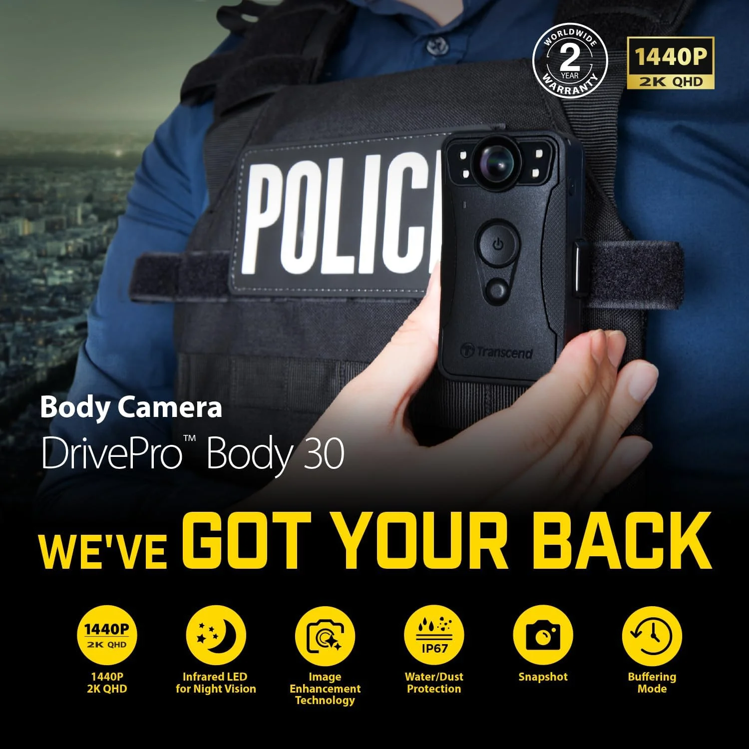 دوربین بدنه ترنسند مدل TS128GDPB30A DrivePro Body 30 2K، حافظه 128 گیگابایت، دید در شب، کیفیت 1440p با سرعت 60 فریم بر ثانیه، Wi-Fi و بلوتوث، ضد آب و هوا IP67، عمر باتری 12 ساعته، ایده آل برای اجرای قانون و امنیت دوربین بدنه ترنسند مدل TS128GDPB30A DrivePro Body 30 2K، حافظه 128 گیگابایت، دید در شب، کیفیت 1440p با سرعت 60 فریم بر ثانیه، Wi-Fi و بلوتوث، ضد آب و هوا IP67، عمر باتری 12 ساعته، ایده آل برای اجرای قانون و امنیت