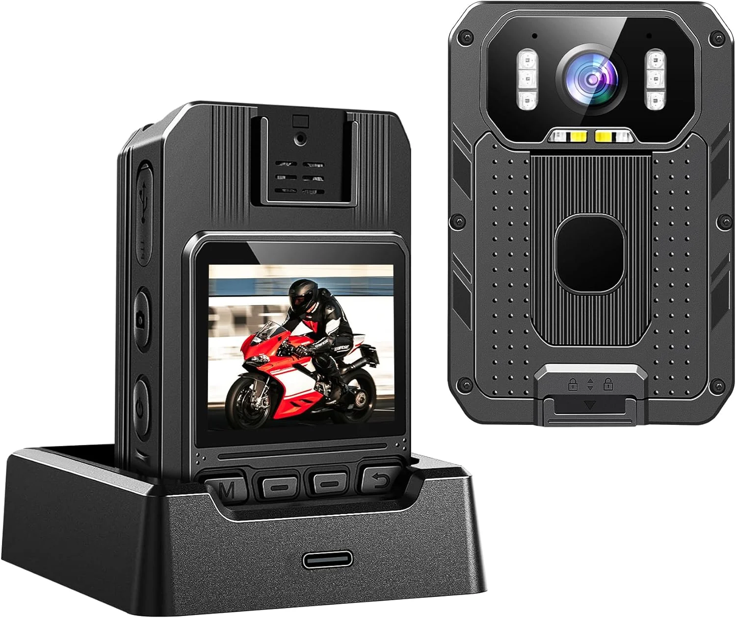 دوربین بدنه 4K HD، دوربین بدنه 128 گیگابایتی با دو باتری 2350 میلی آمپر ساعتی با قابلیت کارکرد 13-15 ساعت، دوربین بدنه ضد آب IP68 H.265 با ضبط صدا و تصویر برای گشت زنی پلیس، پیاده روی و امنیت