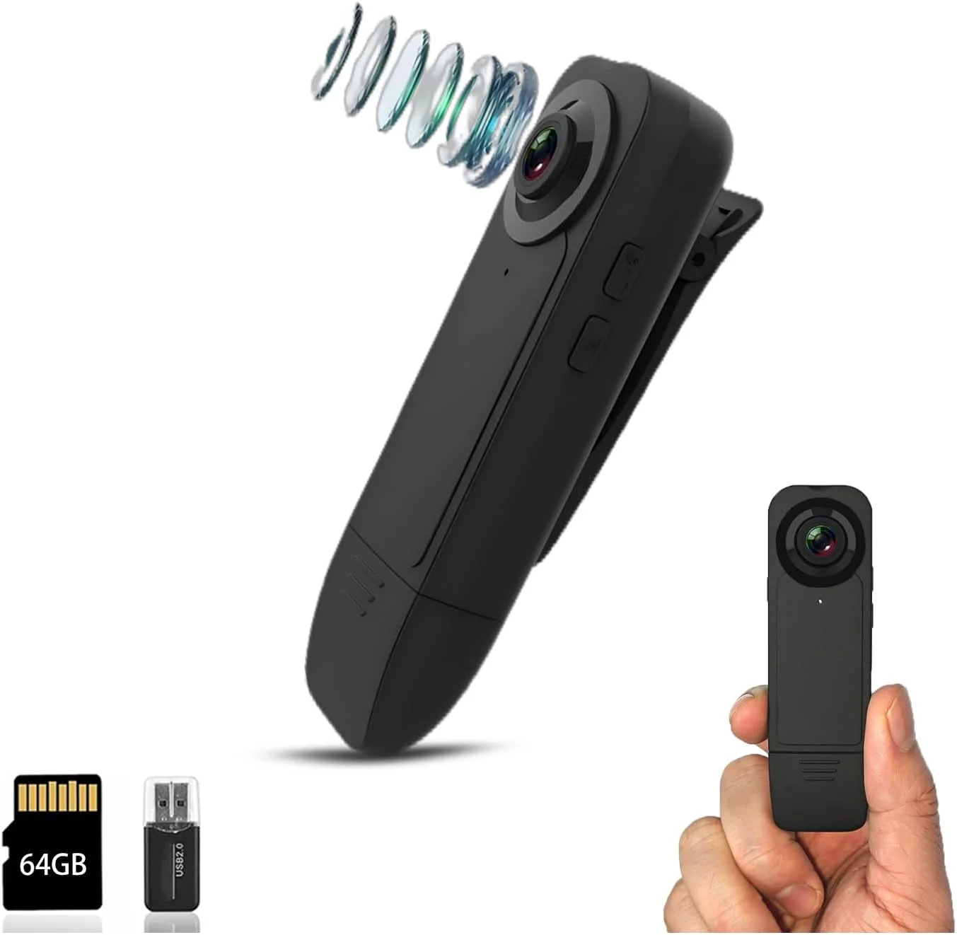 دوربین کوچک بدنه 1080P با قابلیت ضبط ویدیو، دوربین فیلمبرداری گشت پوشیدنی، ضبط حلقه ای و حرکتی، کارت حافظه 64 گیگابایتی شامل، قابل حمل برای اجرای قانون، کار، پیاده روی، مسافرت (64 گیگابایت)