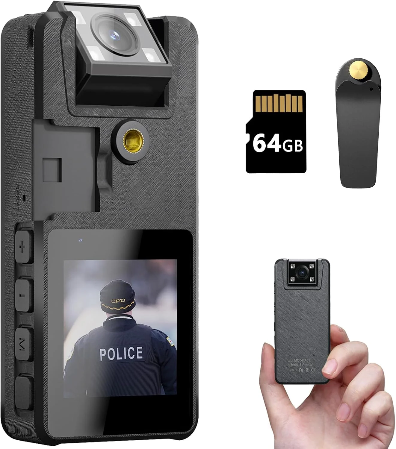 دوربین بدنه 64 گیگابایتی، دوربین بدنه HD 1296P (3000mAh) با دید در شب IR و لنز چرخشی 180 درجه، دوربین های بدنه با صدا و تصویر ایده آل برای غیرنظامیان شخصی، اجرای قانون پلیس