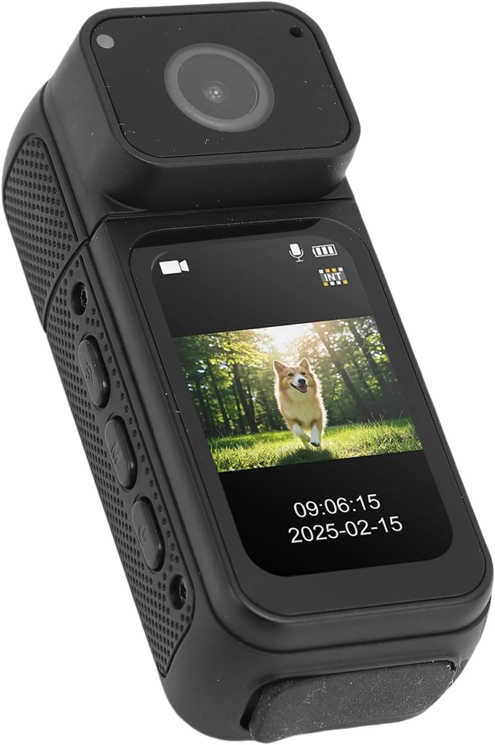 دوربین کوچک 2.7K Elprico، دوربین بدنه اکشن پوشیدنی 32 گیگابایتی با لنز چرخان 180 درجه، زاویه دید عریض 170 درجه، ضبط صدا و تصویر، دوربین قابل حمل و جمع و جور برای امنیت، کار، نگهبانی، مسافرت (مشکی)