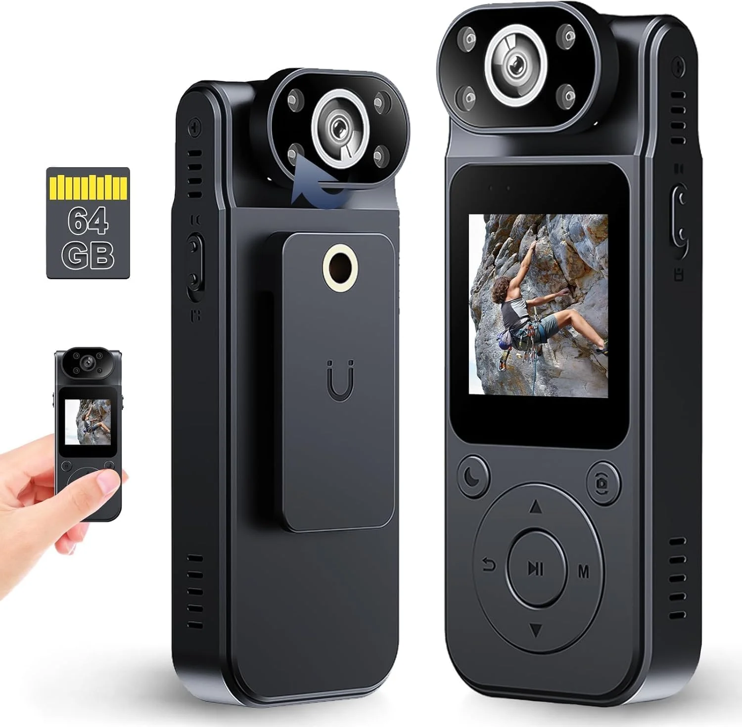 دوربین بدنه ETSG L20 با صفحه نمایش 1.5 اینچی، ضبط صدا و تصویر، دوربین شخصی پوشیدنی 1080P، لنز چرخان 180 درجه، باتری 7 ساعته، دید در شب، دوربین فیلمبرداری قابل حمل 64 گیگابایتی برای شهروندان/کار