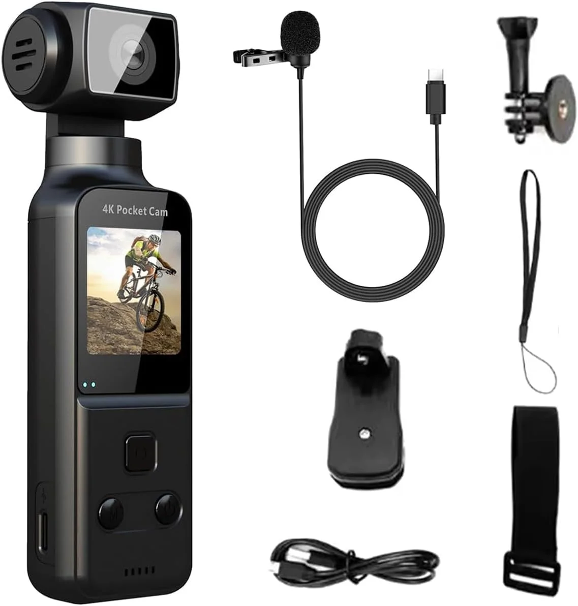 دوربین بدنه 4K با میکروفون خارجی | دوربین جیبی HD 1.33 اینچی، لنز چرخان 270 درجه، تثبیت کننده تصویر، انتقال بی سیم، عمر باتری طولانی | دوربین اکشن برای ورزش های فضای باز، مسافرت، دوچرخه سواری، ولاگ