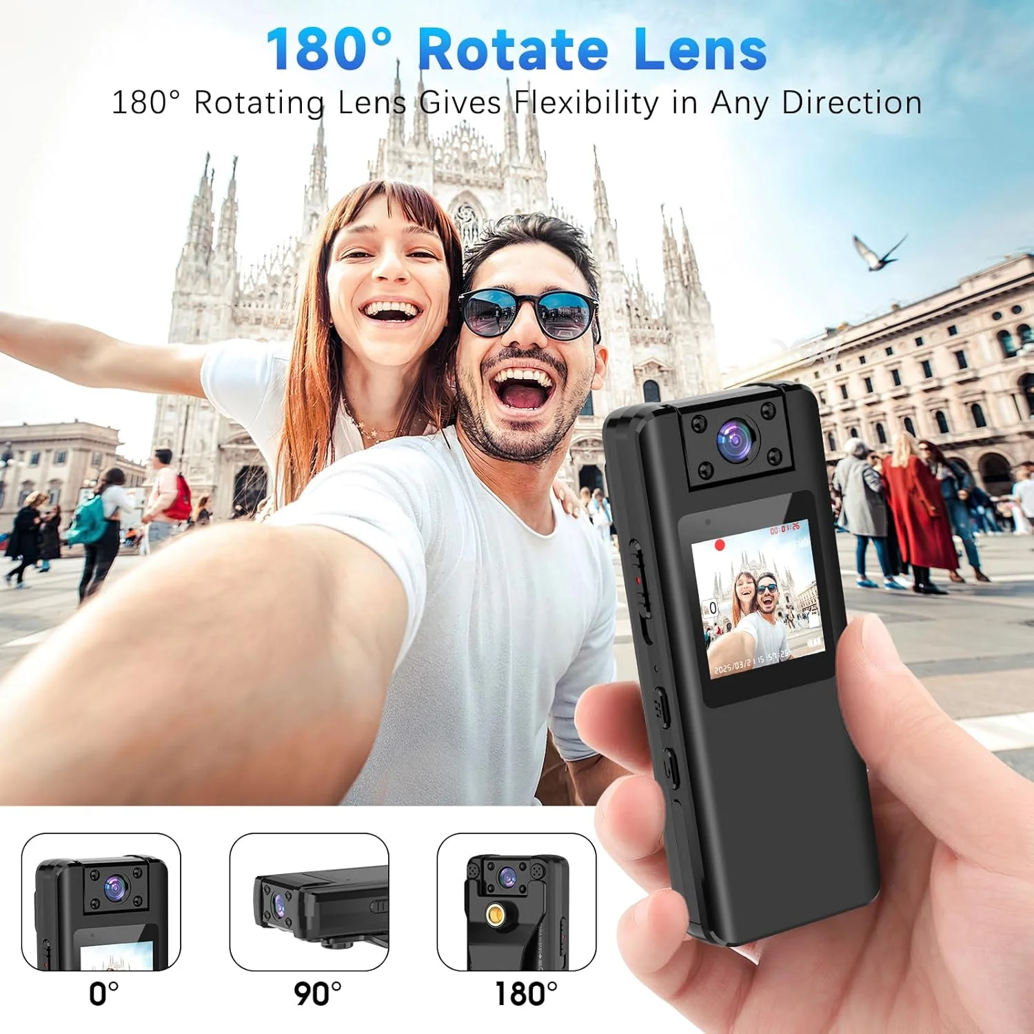 دوربین بدنه با ضبط صدا و تصویر - دوربین بدنه 128 گیگابایتی با لنز چرخان 180 درجه، دوربین فیلمبرداری 1080P با باتری 9 ساعته، دید در شب، ضبط چرخه‌ای برای پرسنل شخصی، غیرنظامی، پلیس و اجرای قانون