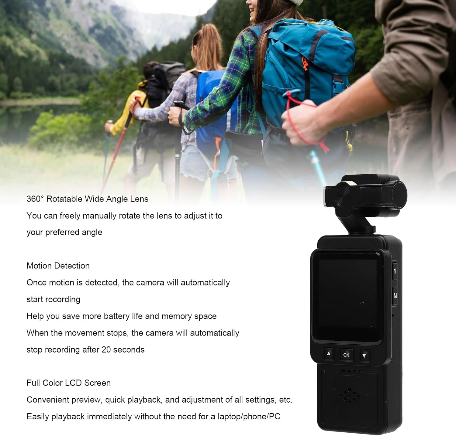 دوربین 1080P Cryfokt با لنز چرخان 360 درجه، دوربین پوشیدنی با گیره، صفحه نمایش LCD رنگی، ضبط کننده فیلم قابل حمل با تشخیص حرکت برای ورزش در فضای باز، مسافرت، همراه با کابل USB