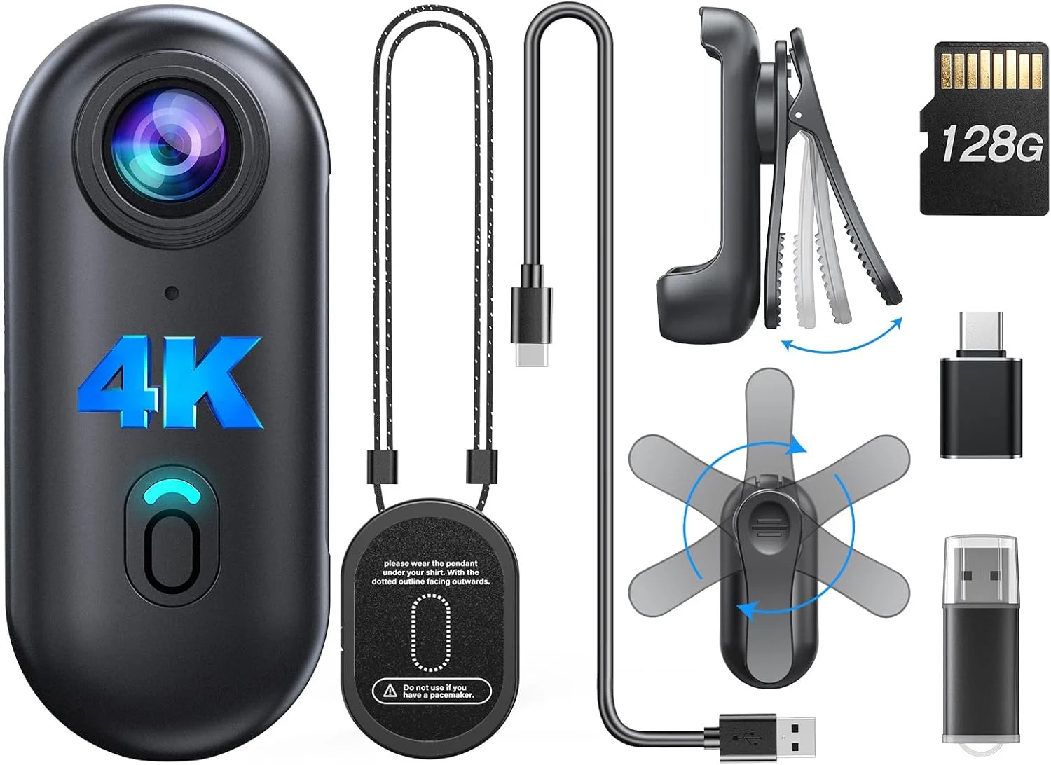 دوربین کوچک بدنه BOBLOV W4 4K، دوربین پوشیدنی با گیره چرخان 360 درجه و گیره مغناطیسی، 96 دقیقه ضبط، استفاده آسان برای سخنرانی، مسافرت، پیاده روی با حیوانات خانگی و فعالیت های خارج از منزل