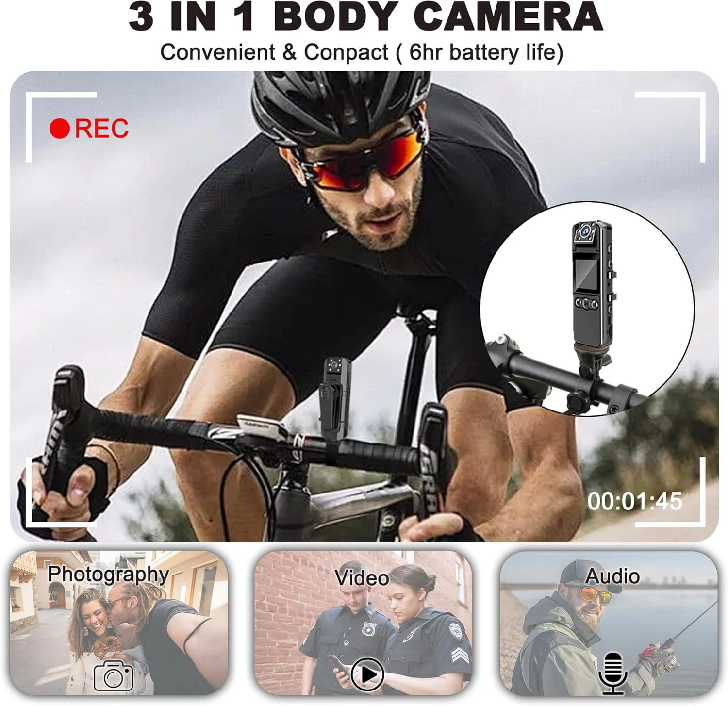 دوربین بدنه با ضبط صدا و تصویر، دوربین بدنه فوق العاده 4K با لنز چرخان 180 درجه، باتری 6 ساعته، دید در شب خودکار برش IR، دوربین فیلمبرداری شخصی 128 گیگابایتی برای غیرنظامیان و مجریان قانون