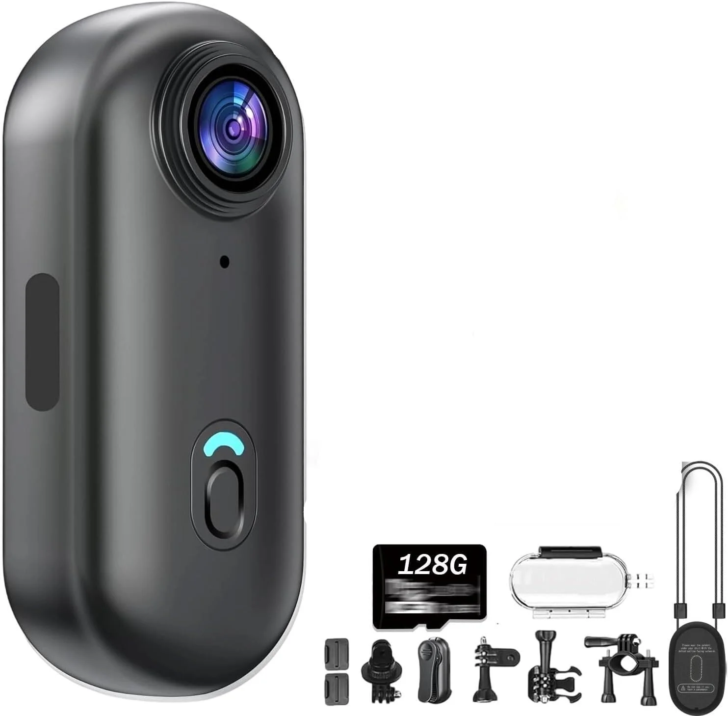 دوربین اکشن کوچک 4K با حافظه 128 گیگابایت، دوربین اکشن انگشتی، دوربین Snap Cam، دوربین بدنه، زاویه باز 4KHD/170 درجه، 6 روش نصب، مناسب برای دوچرخه سواری، موتور سیکلت، پیاده روی با حیوانات خانگی (مشکی)