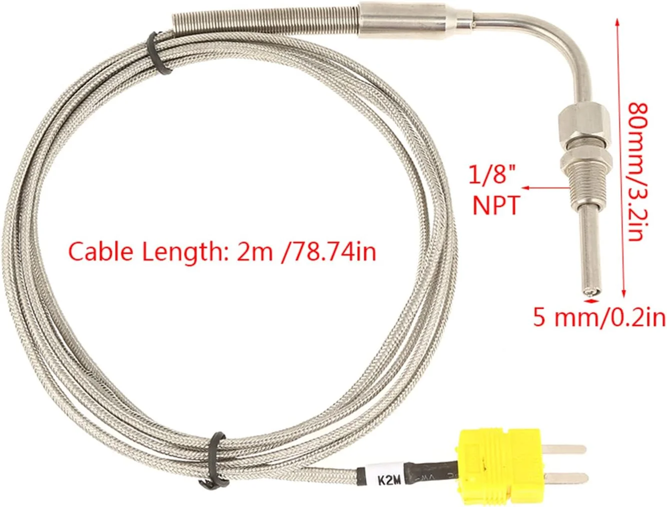 ترموکوپل نوع K، پروب دمای گاز خروجی اگزوز، نوک نمایان، اتصال استیل ضد زنگ برای کنترلرهای دما ترموکوپل نوع K، پروب دمای گاز خروجی اگزوز، نوک نمایان، اتصال استیل ضد زنگ برای کنترلرهای دما