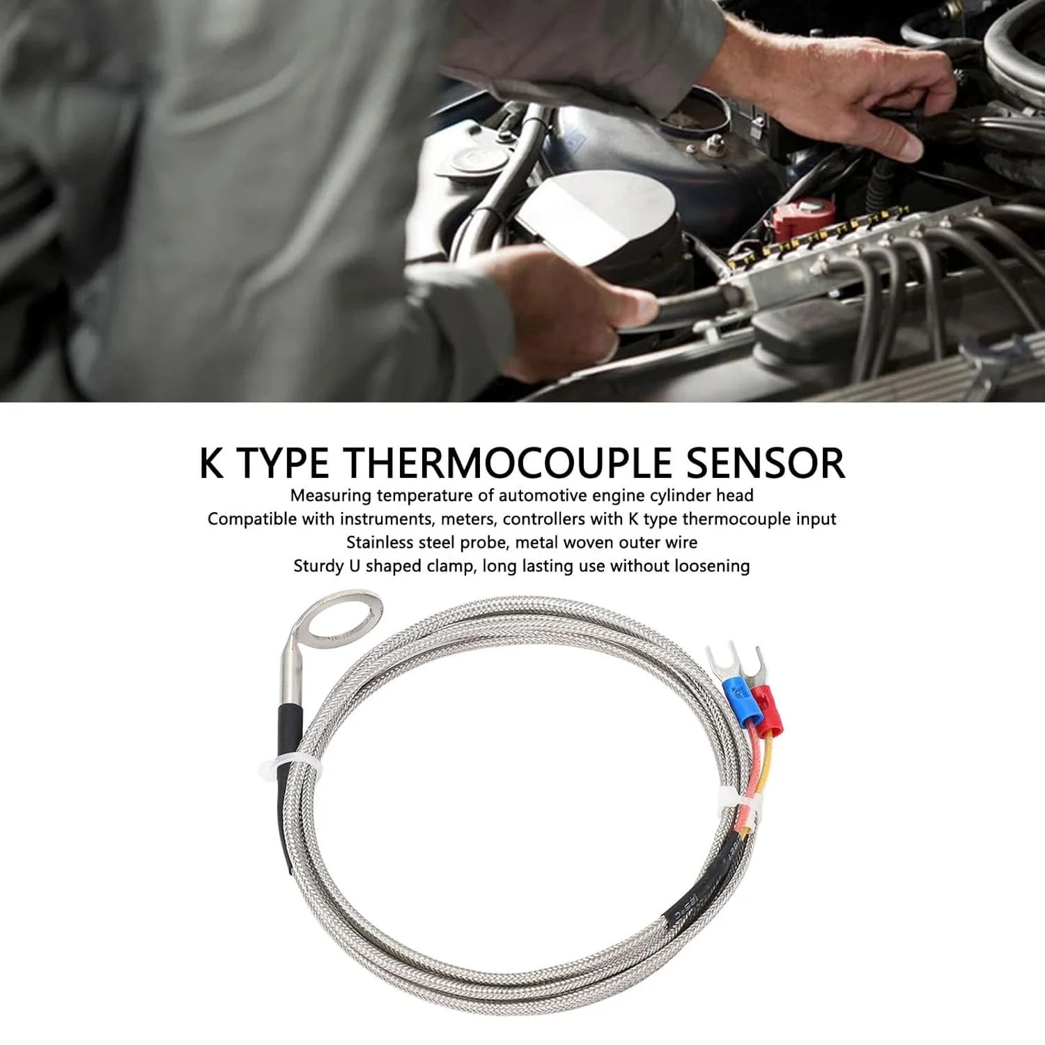 حسگر دمای نوع K، پروب ترموکوپل استیل ضد زنگ، حسگر دمای بالا برای اندازه گیری CHT موتور خودرو با واشر شناسه 14 میلی متری، مناسب برای ابزار دقیق و متر (1M) حسگر دمای نوع K، پروب ترموکوپل استیل ضد زنگ، حسگر دمای بالا برای اندازه گیری CHT موتور خودرو با واشر شناسه 14 میلی متری، مناسب برای ابزار دقیق و متر (1M)