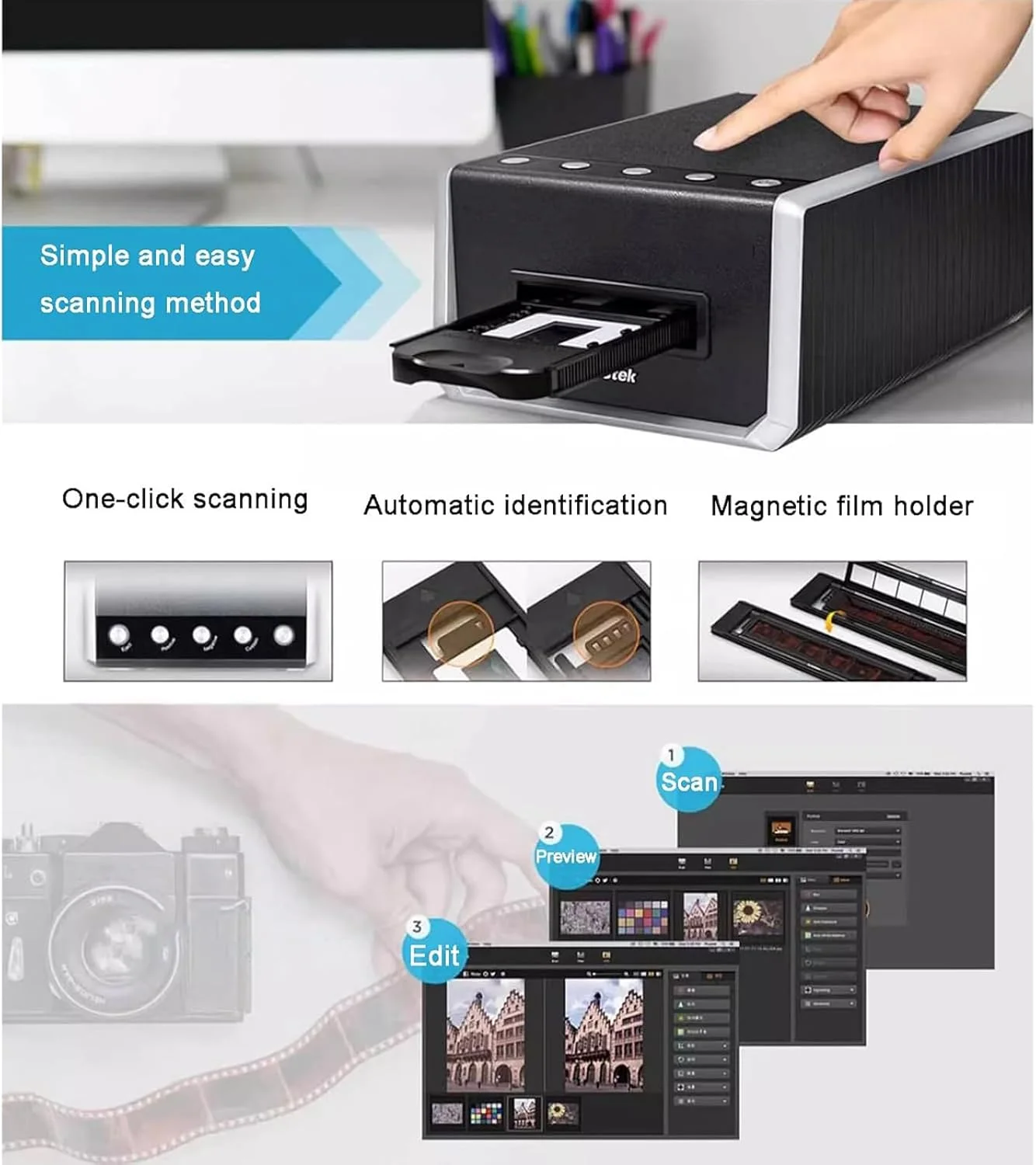 اسکنر اسلاید، اسکنر فیلم دیجیتال 35 میلی متری، رزولوشن 7200 DPI / خروجی 48 بیتی، نگاتیو و اسلایدهای فیلم 35 میلی متری را به JPEG تبدیل می کند، پشتیبانی از Mac و PC اسکنر اسلاید، اسکنر فیلم دیجیتال 35 میلی متری، رزولوشن 7200 DPI / خروجی 48 بیتی، نگاتیو و اسلایدهای فیلم 35 میلی متری را به JPEG تبدیل می کند، پشتیبانی از Mac و PC