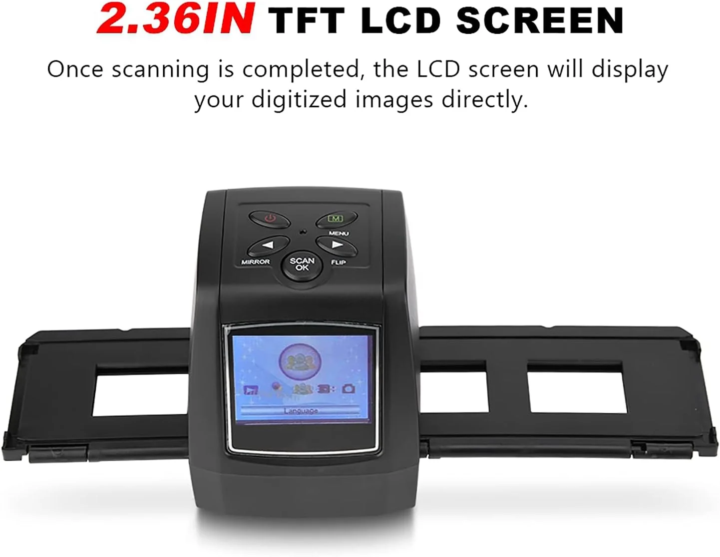 اسکنر فیلم، صفحه نمایش 2.36 اینچی TFT LCD با رزولوشن 5MP/10MP، پشتیبانی از فیلم های رنگی و سیاه و سفید 135/35 میلی متری و اسلایدها، اسکنر فیلم نگاتیو