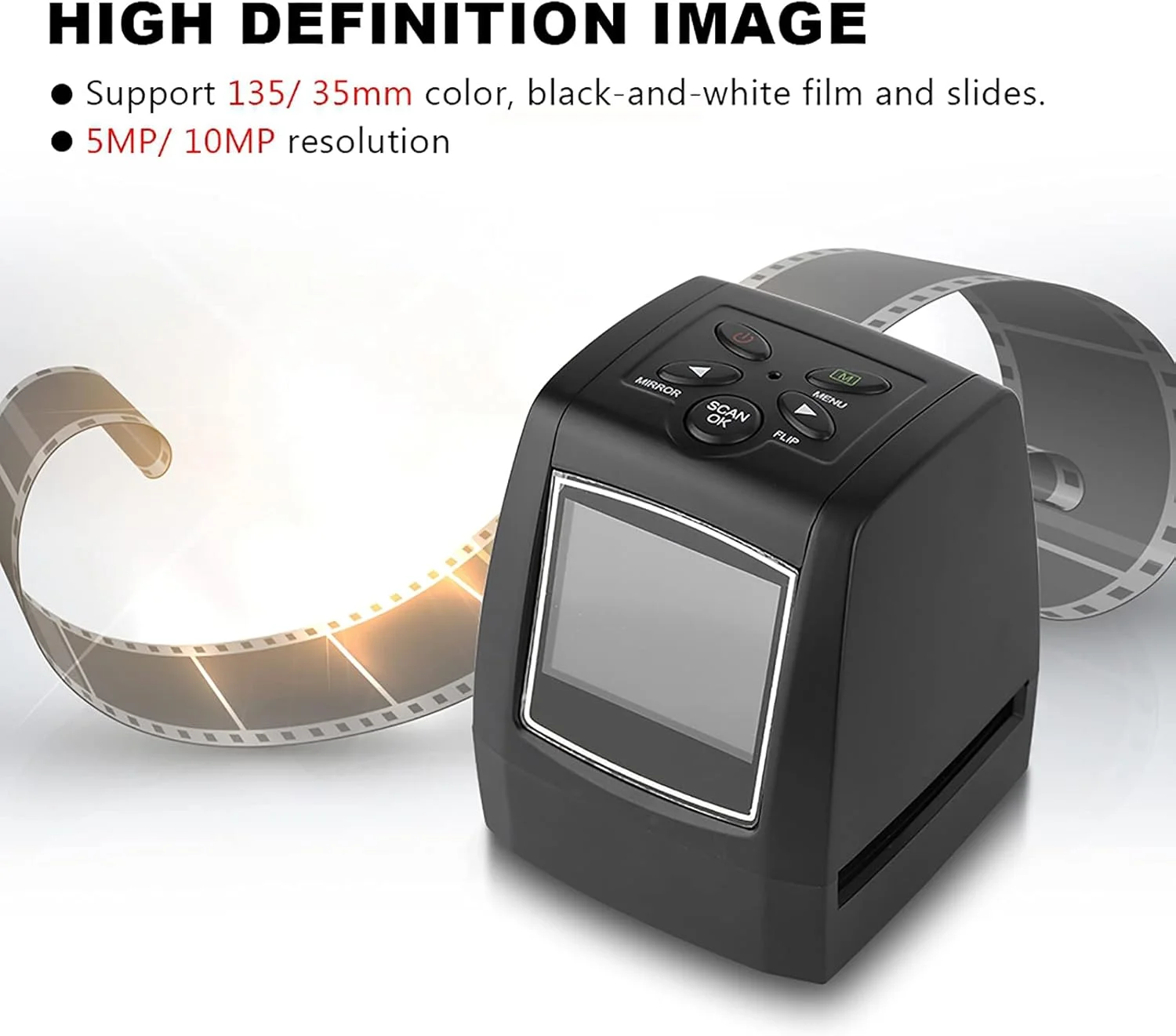 اسکنر فیلم، صفحه نمایش 2.36 اینچی TFT LCD با رزولوشن 5MP/10MP، پشتیبانی از فیلم های رنگی و سیاه و سفید 135/35 میلی متری و اسلایدها، اسکنر فیلم نگاتیو