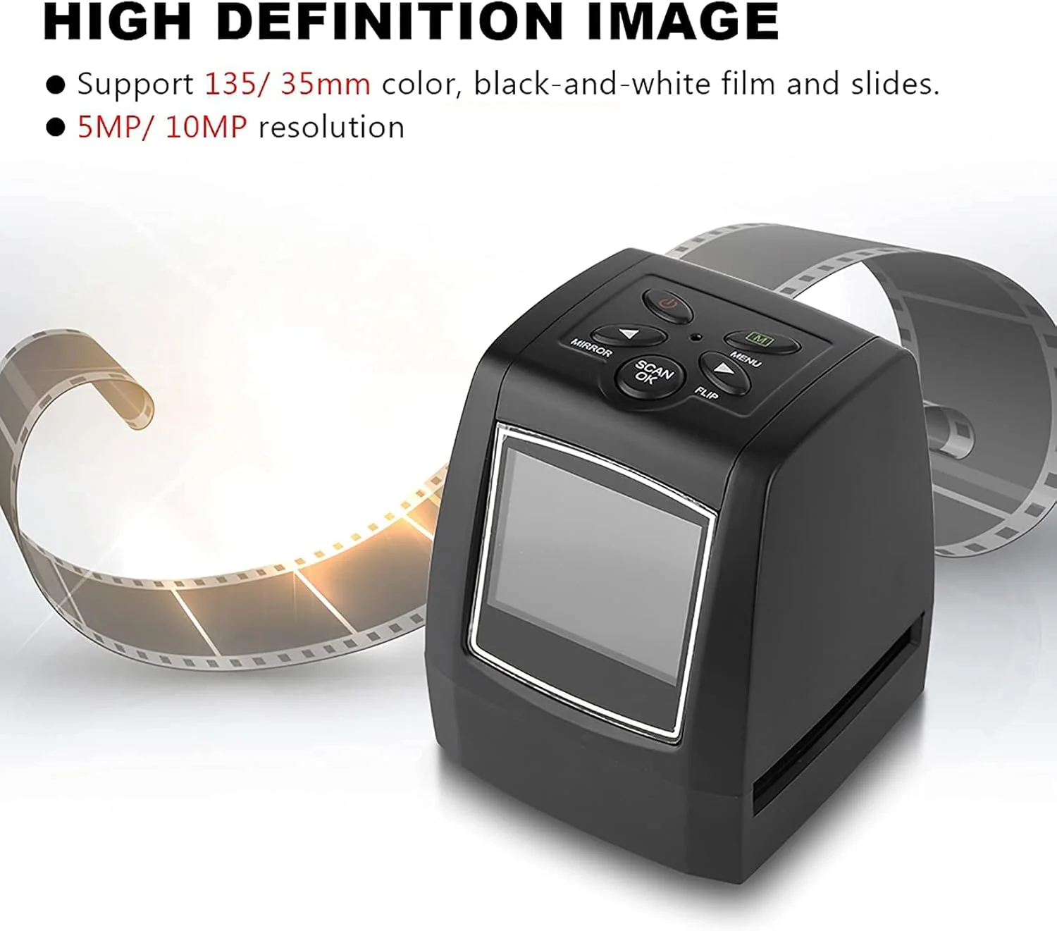 اسکنر فیلم، صفحه نمایش 2.36 اینچی TFT LCD با رزولوشن 5MP/10MP، پشتیبانی از فیلم های رنگی 135/35 میلی متری، فیلم های سیاه و سفید و اسلایدها، اسکنر فیلم نگاتیو